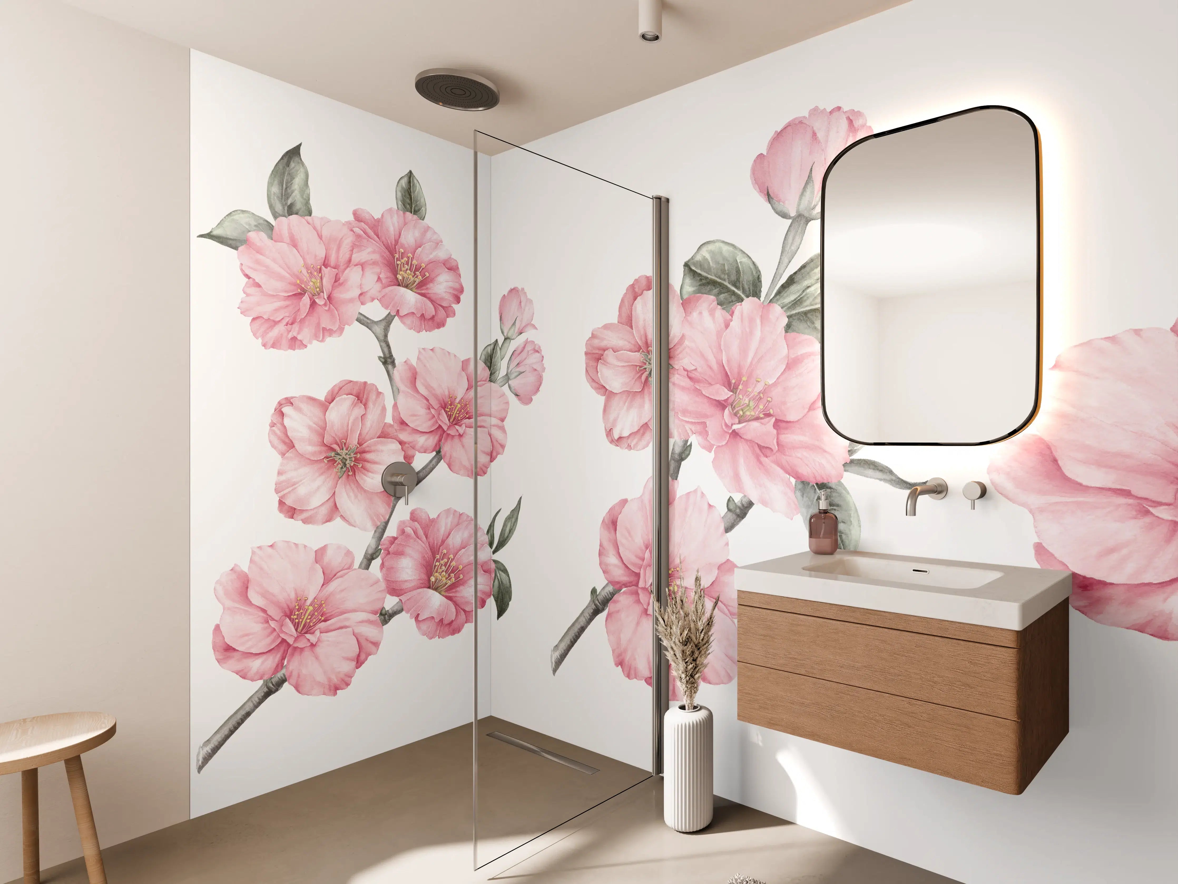 Wandverkleidung Bad - Aquarellelemente von blühenden Sakura