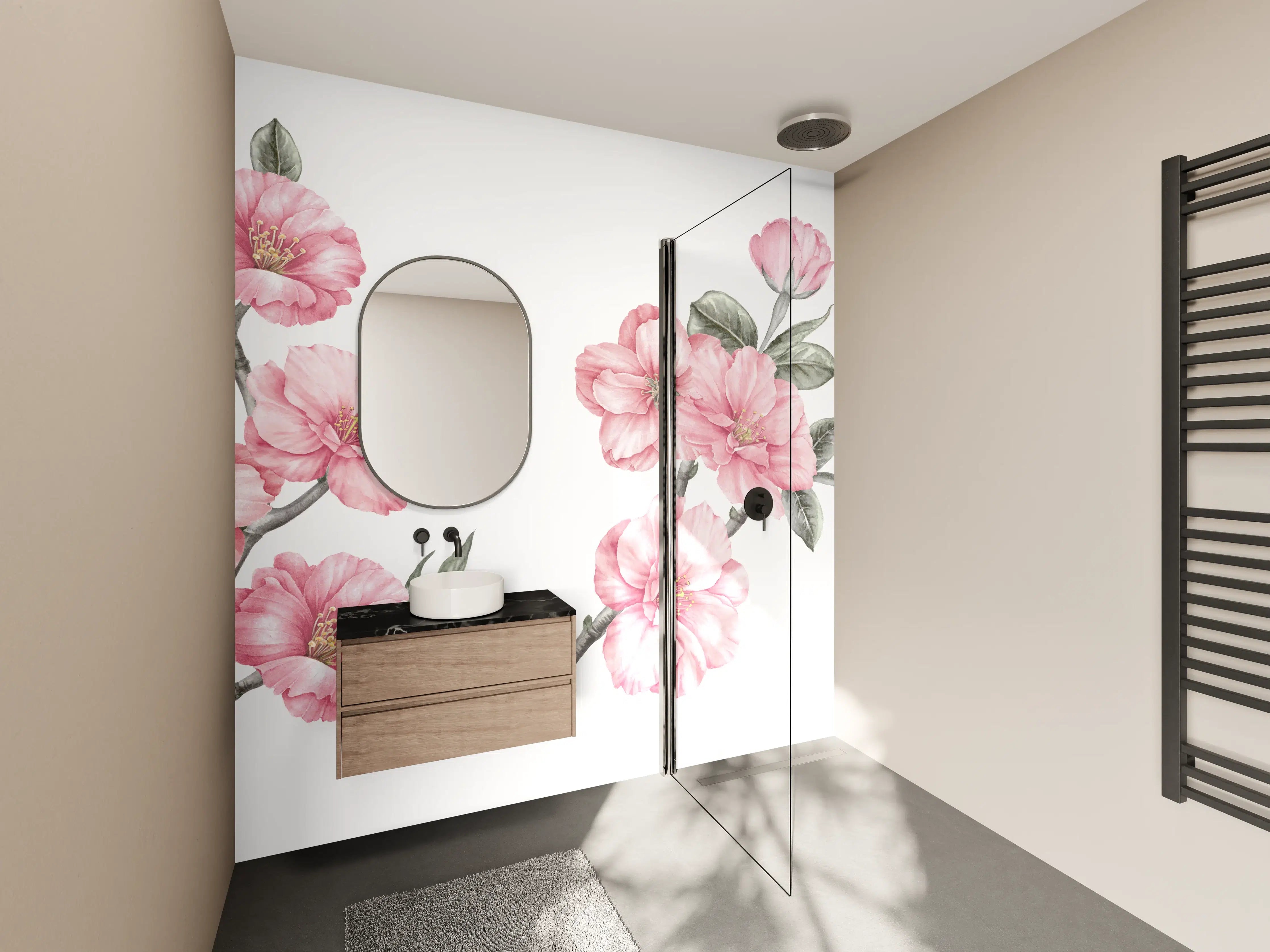 Wandverkleidung Bad - Aquarellelemente von blühenden Sakura