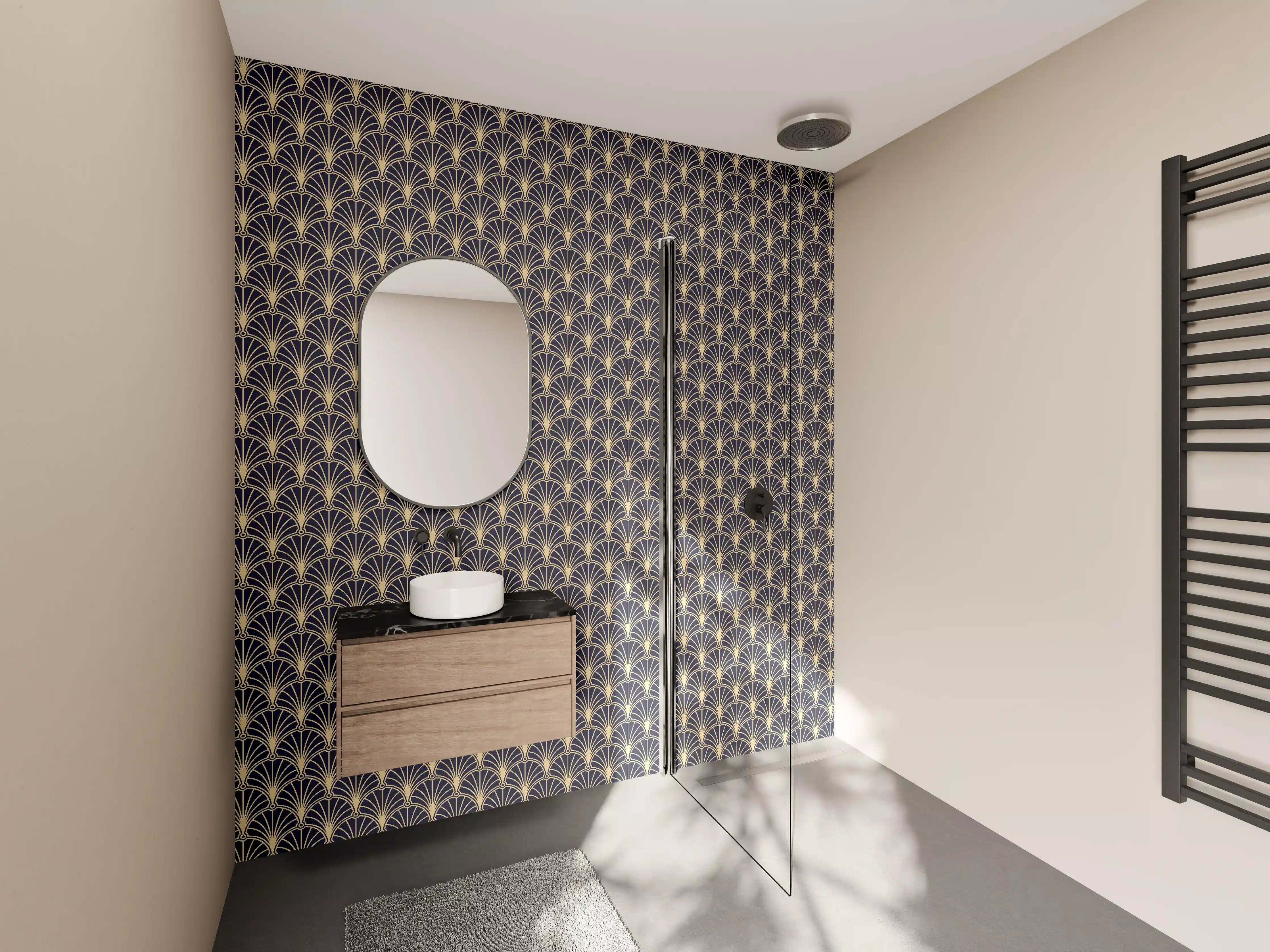 Wandverkleidung Bad - Art Déco-Fächer-Muster Dunkel