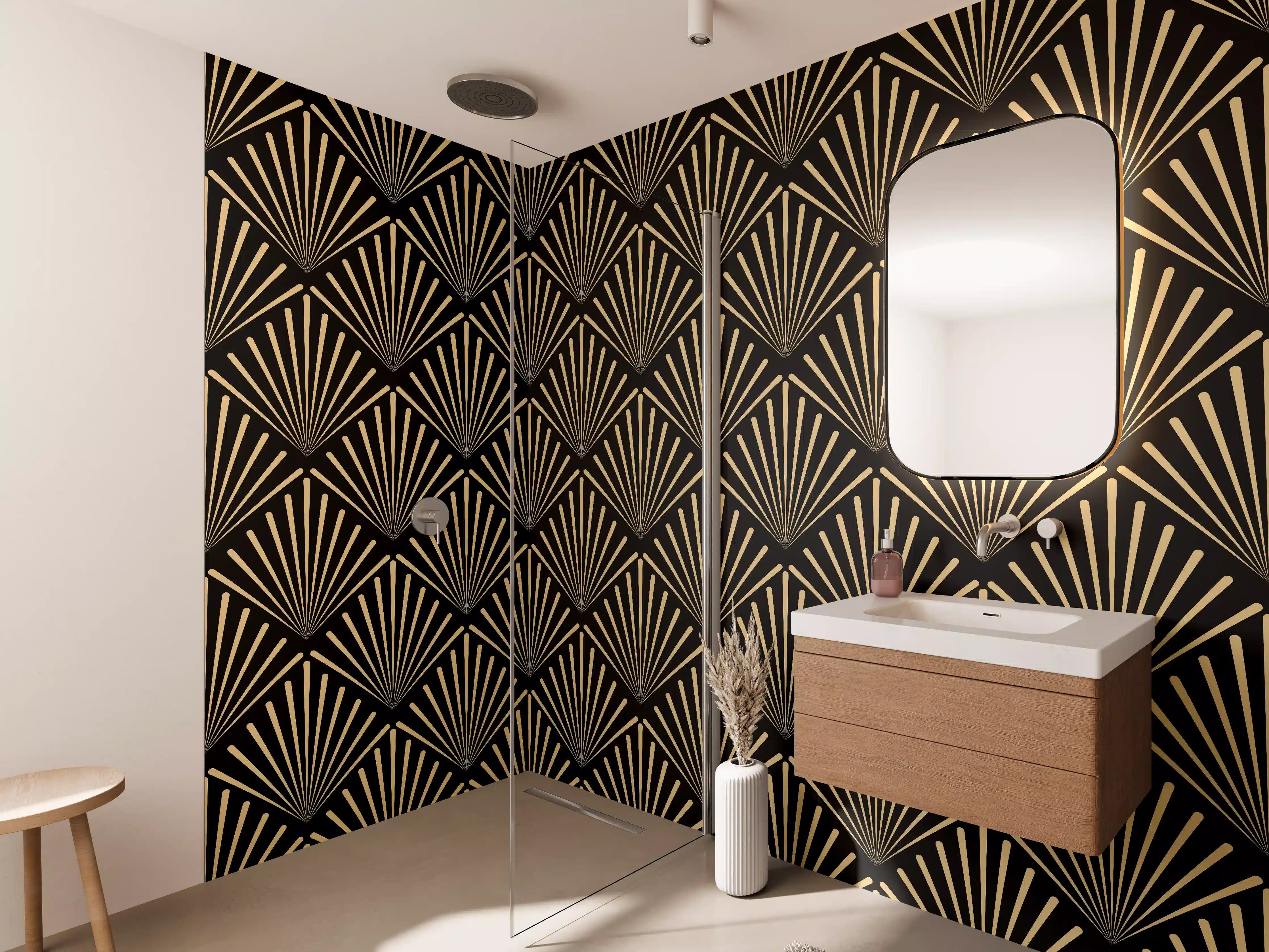 Wandverkleidung Bad - Art-Deco-Muster Gold Schwarz