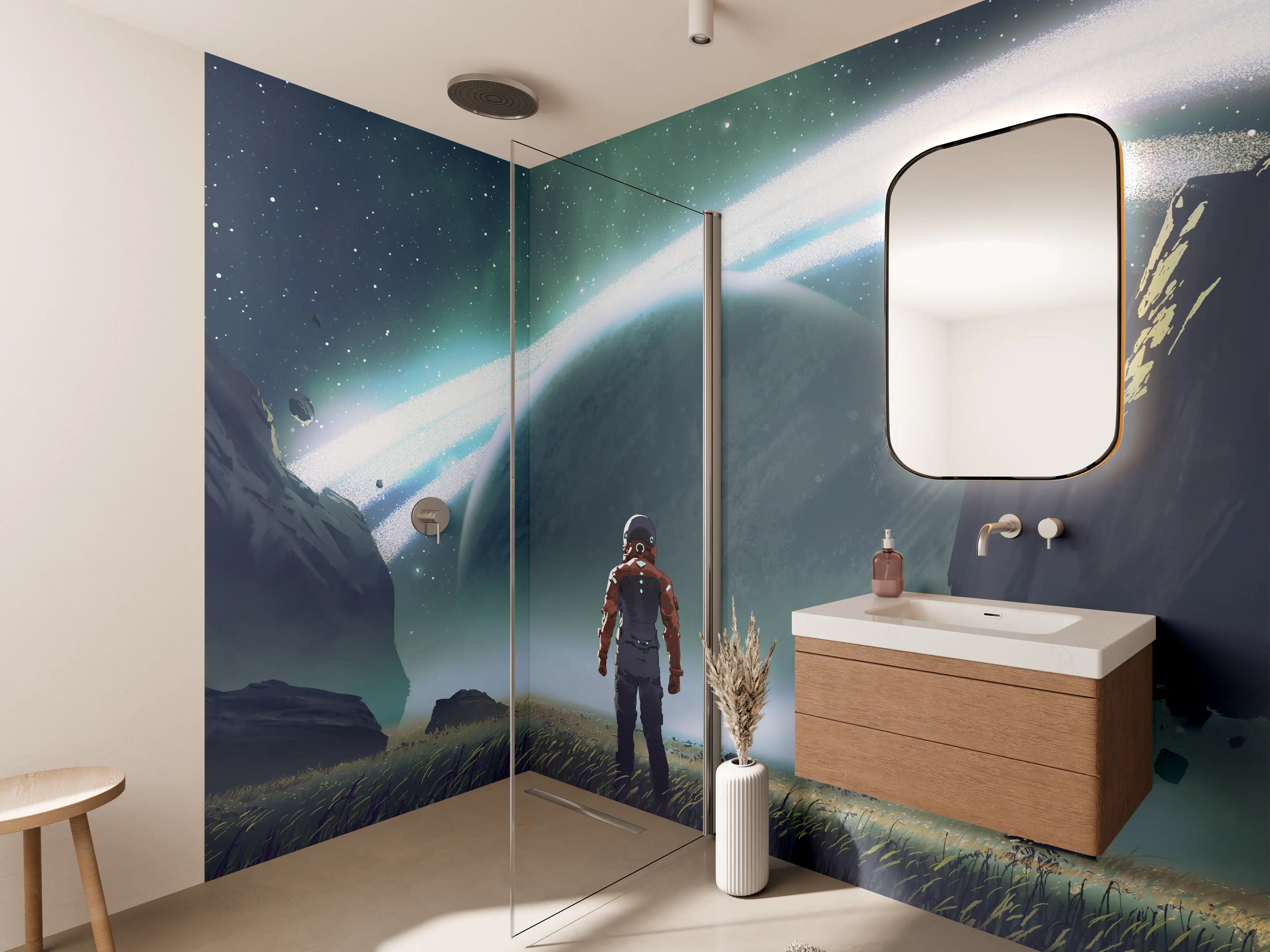 Wandverkleidung Bad - Astronaut Planeten-Erkundung