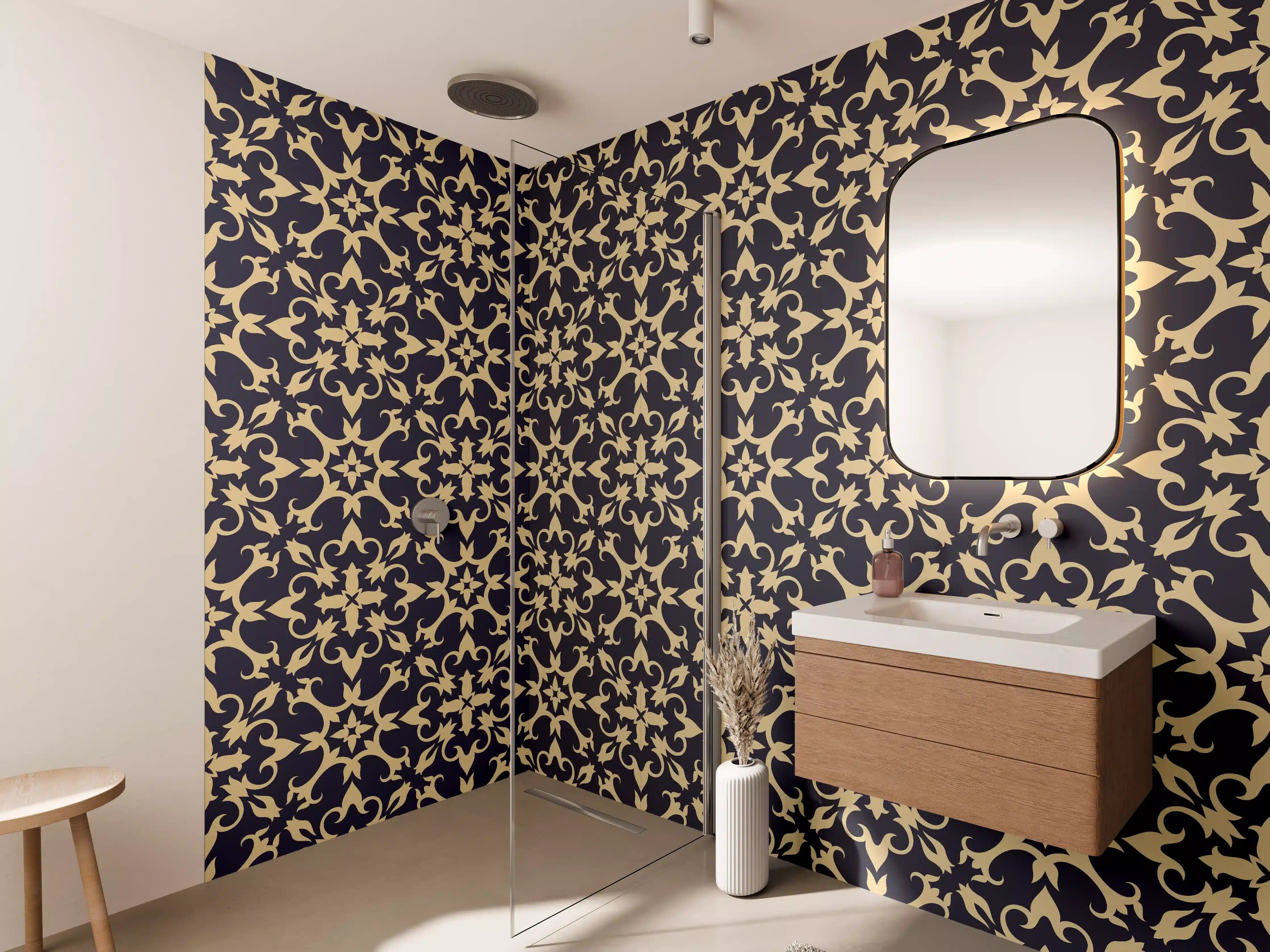 Wandverkleidung Bad - Barockes Blau-Gold Muster