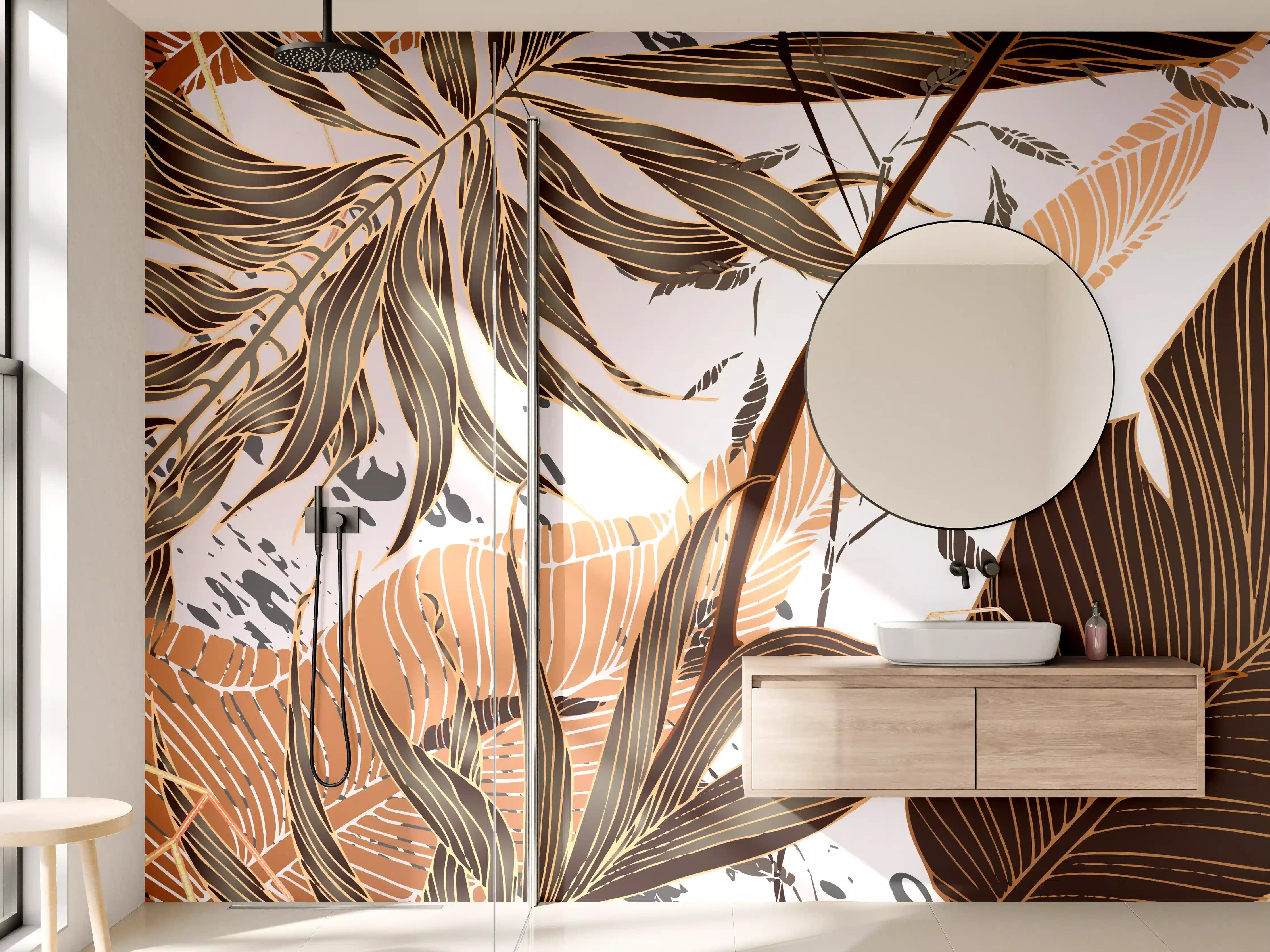 Wandverkleidung Bad - Beige Blattmuster Tapete