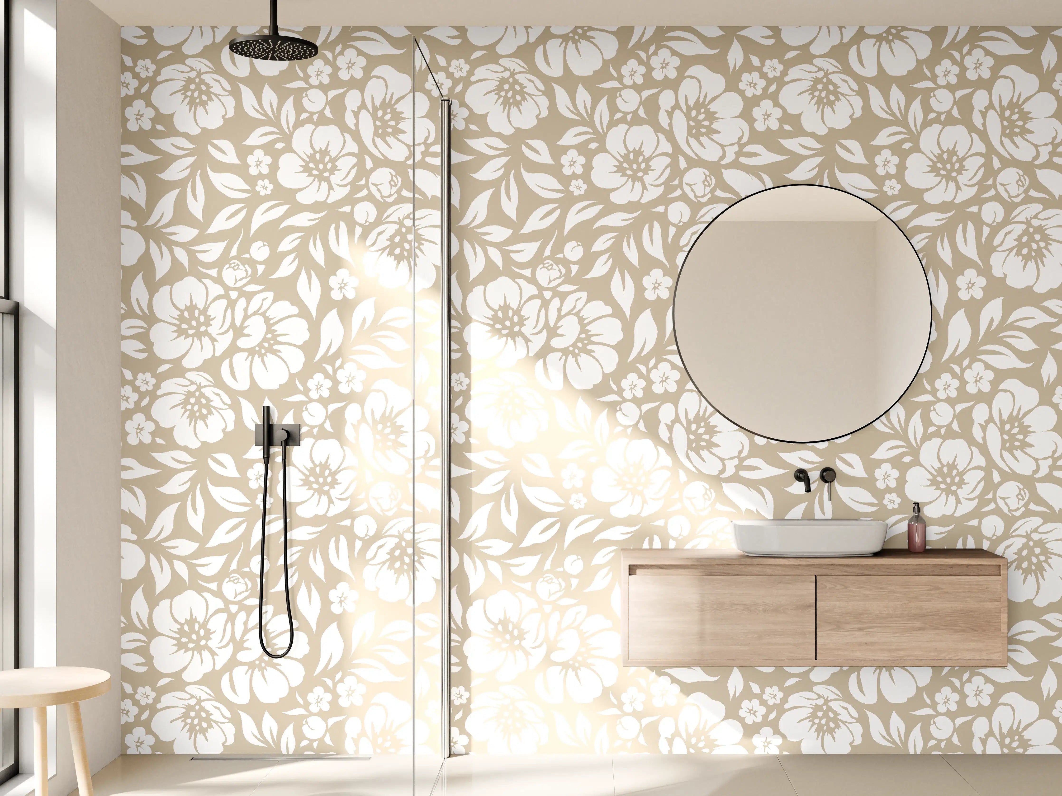 Wandverkleidung Bad - Beige Blumenmuster mit weißen Blüten