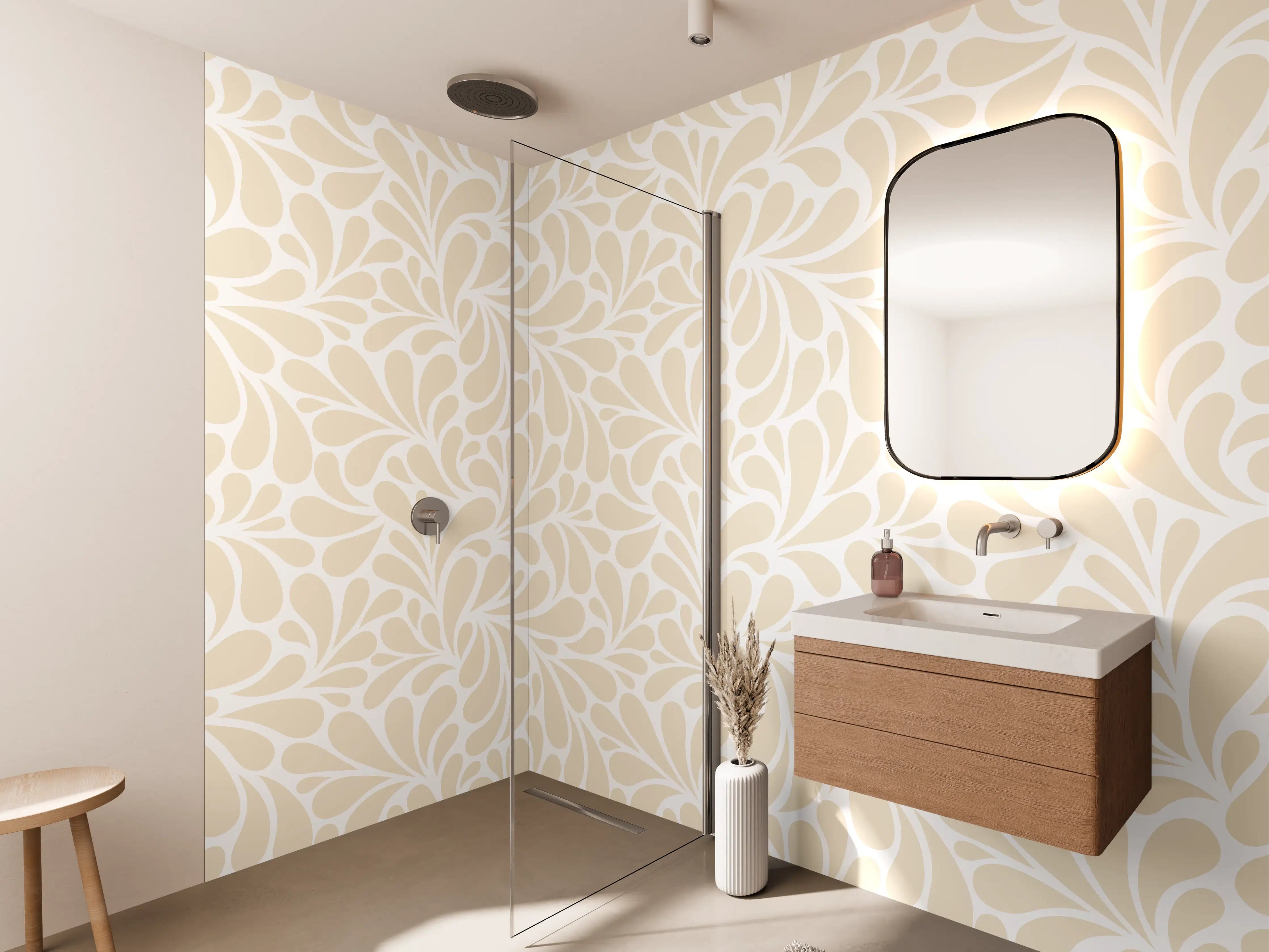 Wandverkleidung Bad - Beige Blumenmuster mit zarten Linien