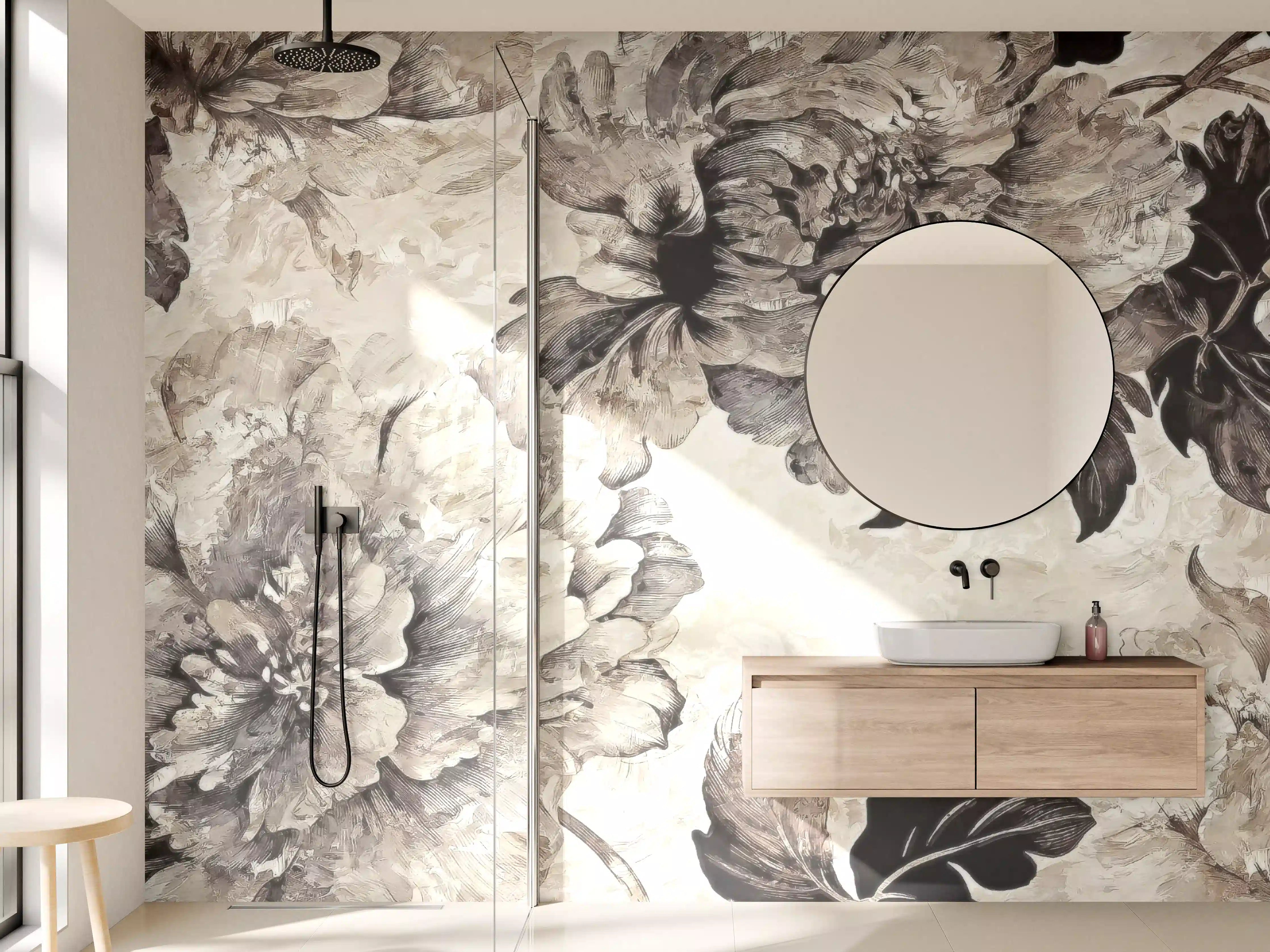 Wandverkleidung Bad - Beige Blumenpanorama Kunstwerk