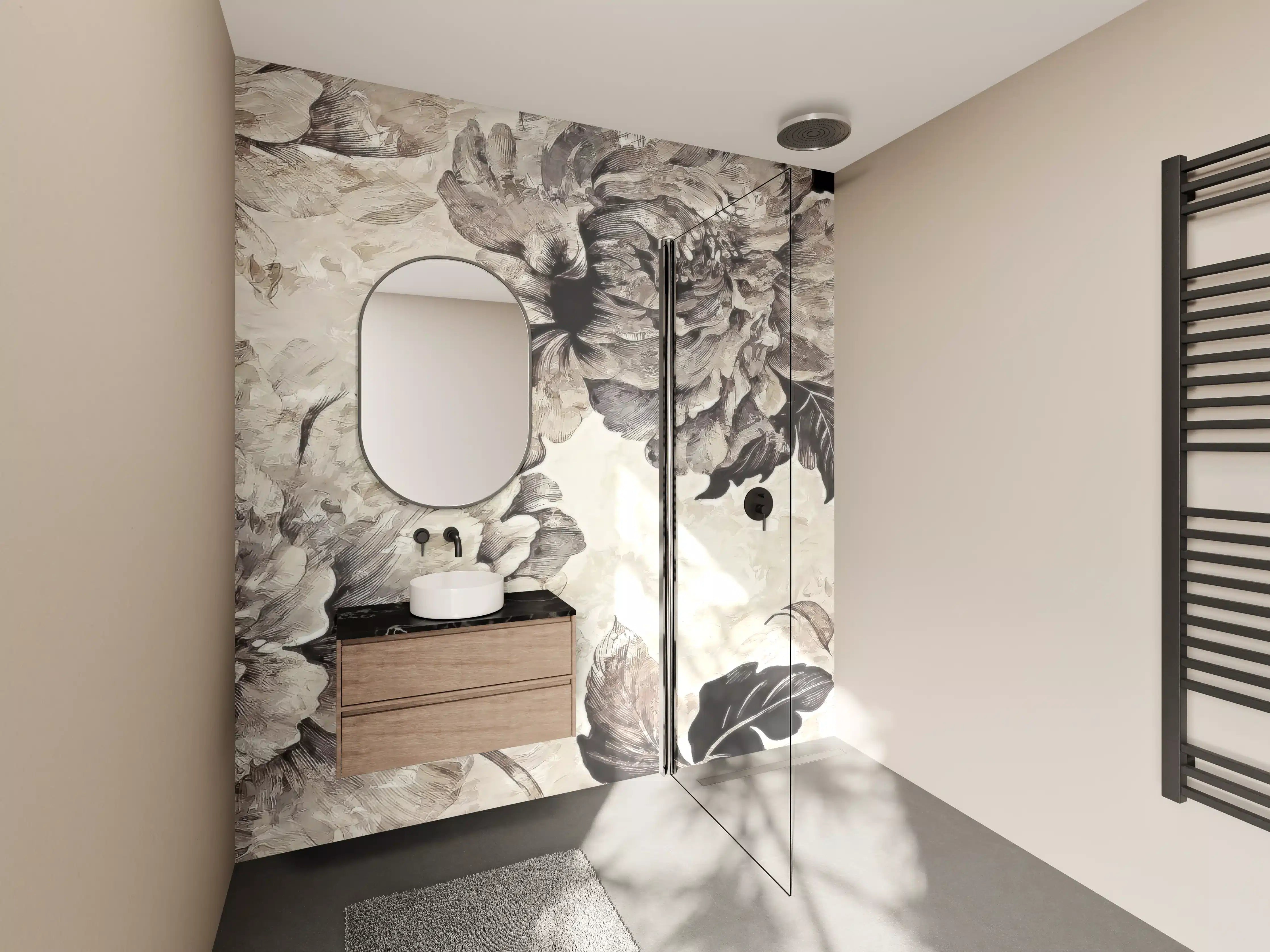 Wandverkleidung Bad - Beige Blumenpanorama Kunstwerk