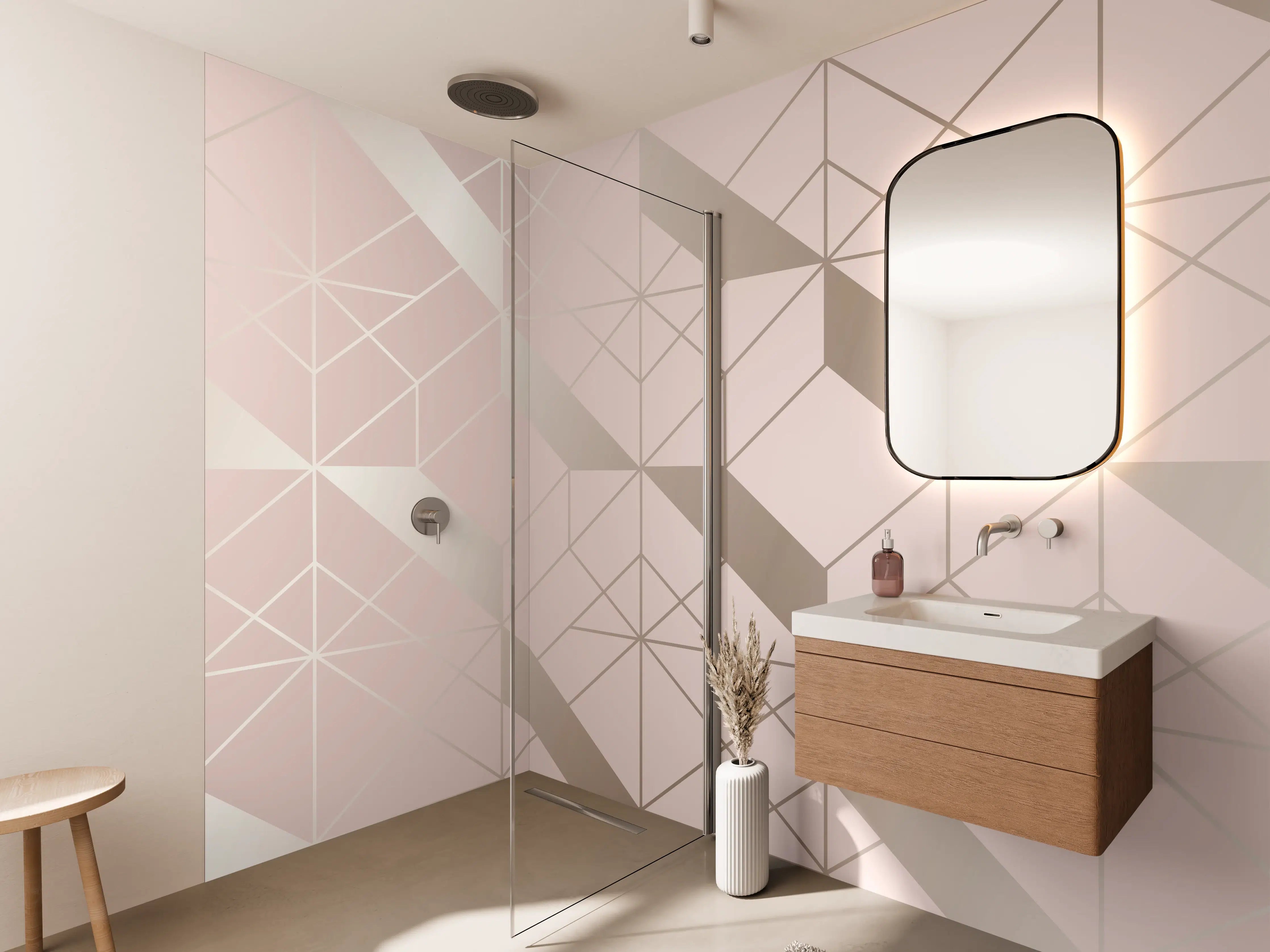 Wandverkleidung Bad - Beige Geometrie-Muster Tapete