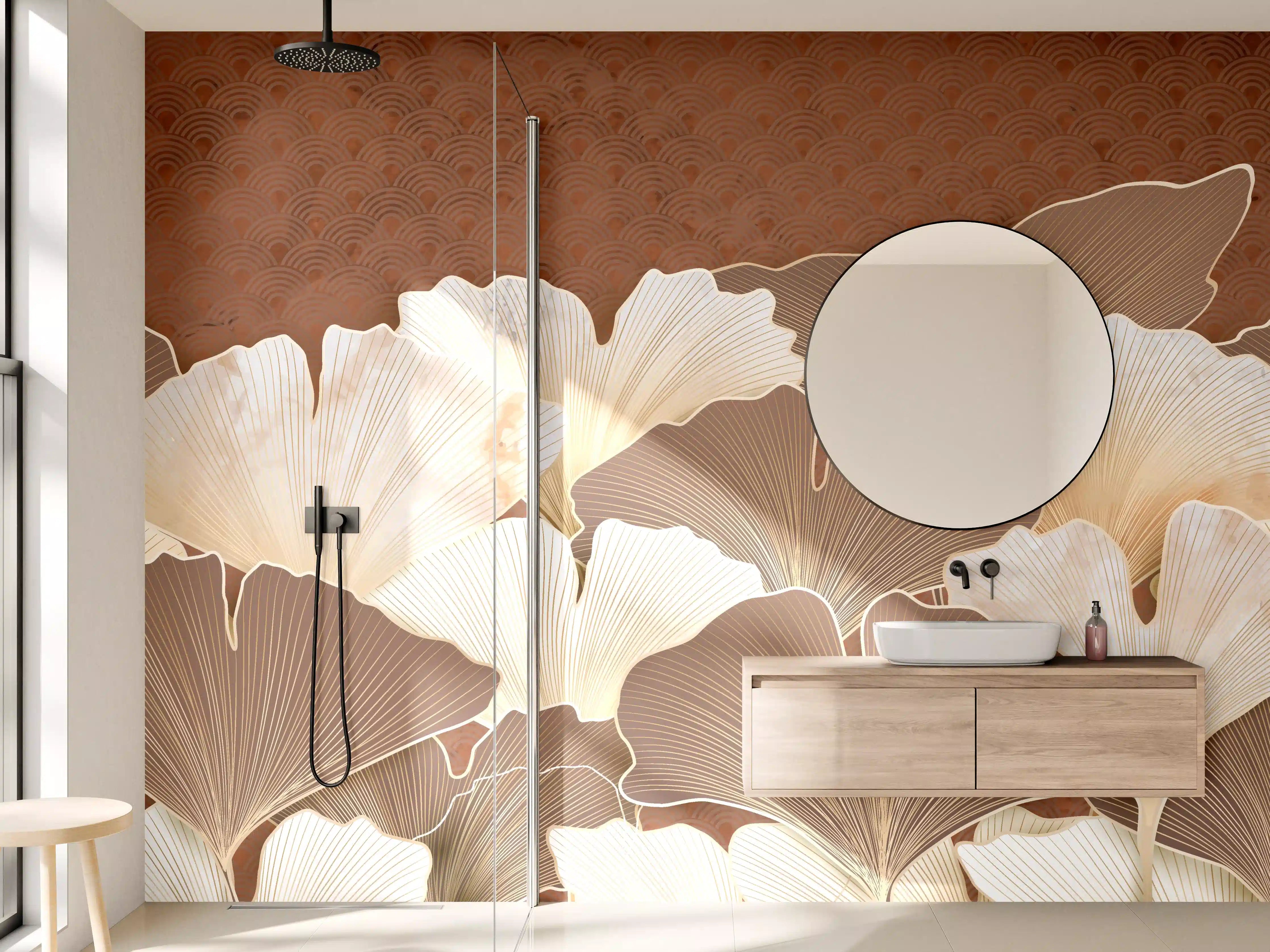 Wandverkleidung Bad - Beige Ginkgo Blattmuster