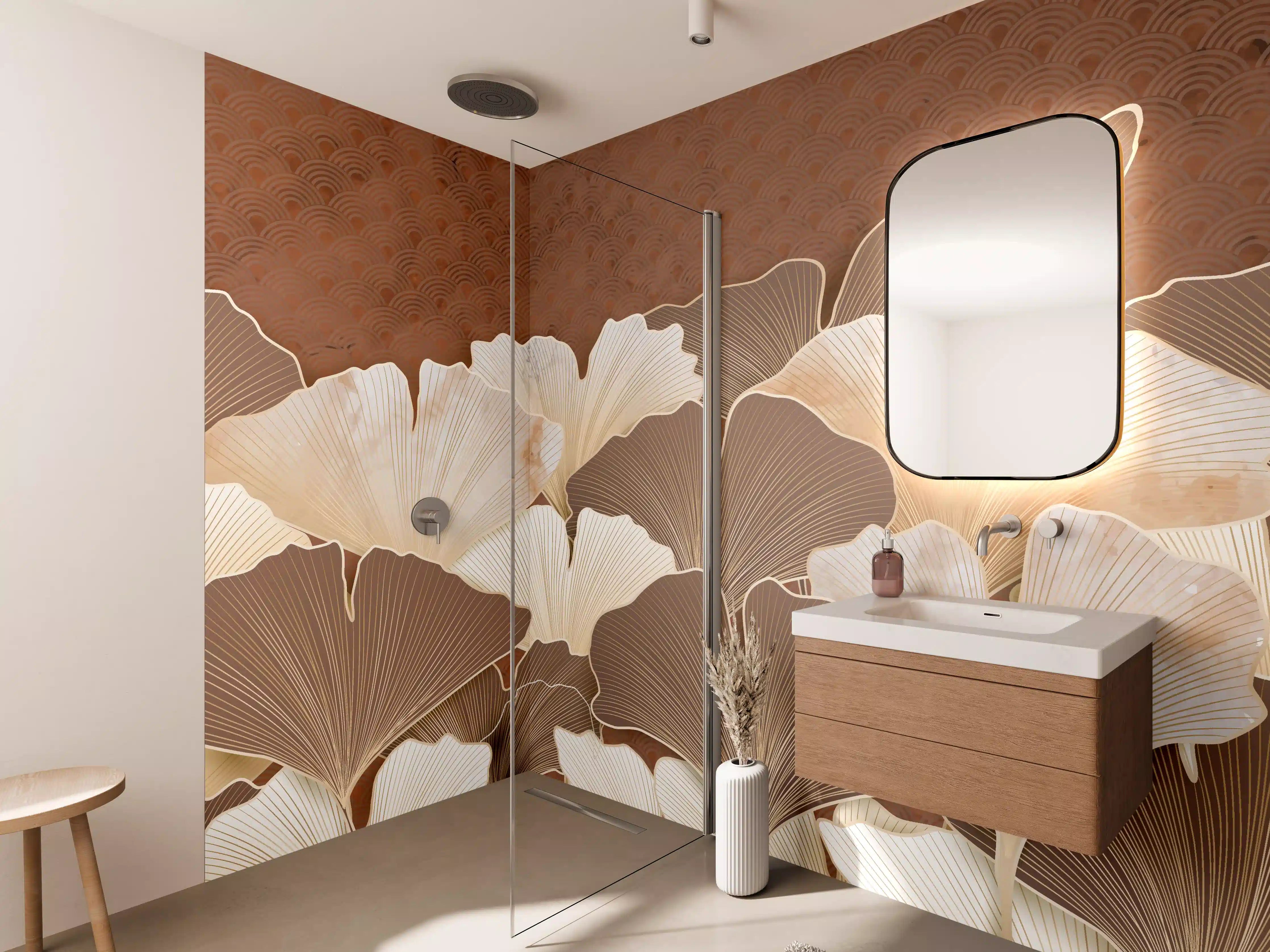 Wandverkleidung Bad - Beige Ginkgo Blattmuster