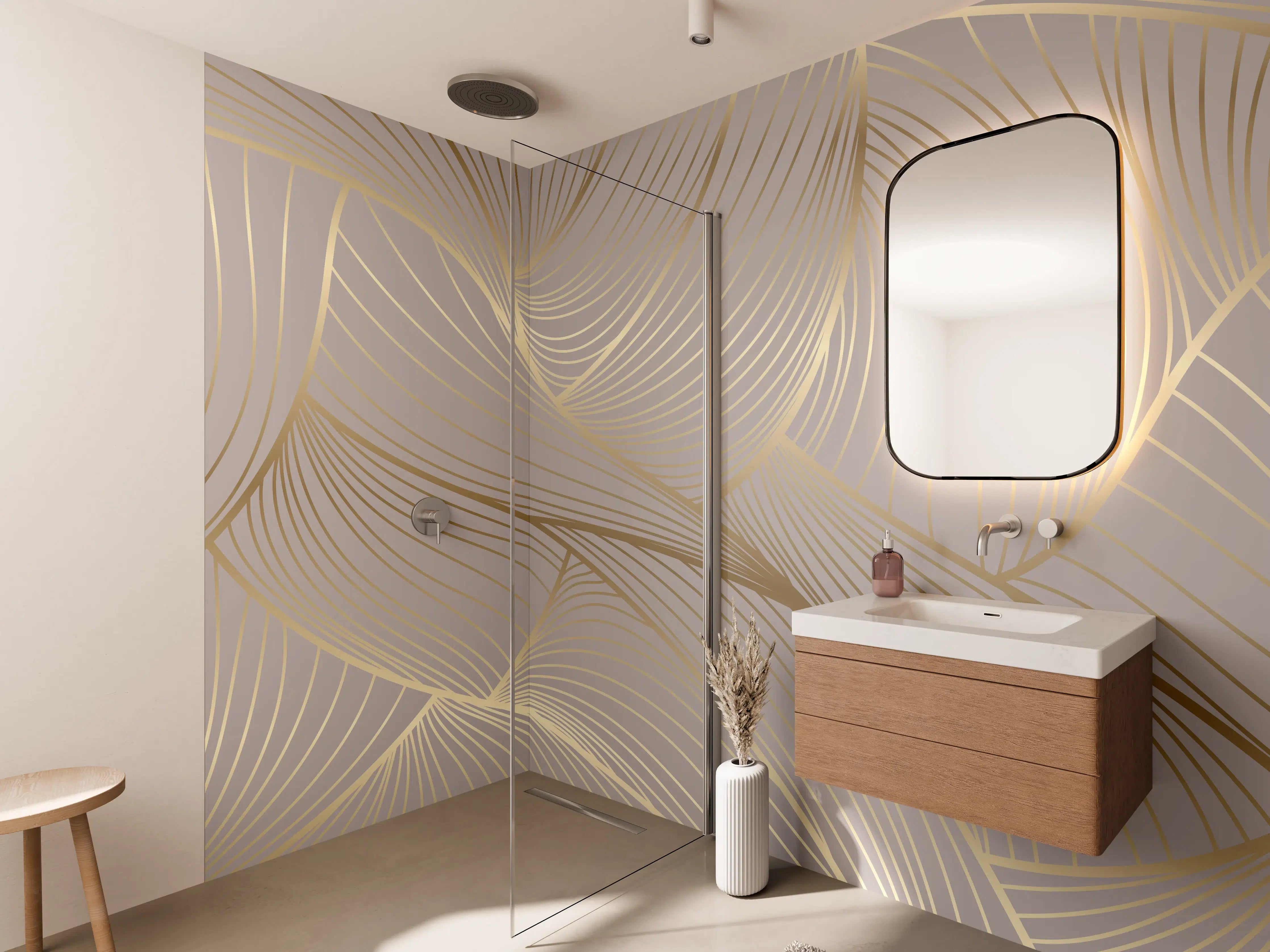 Wandverkleidung Bad - Beige-Goldene Linien Muster