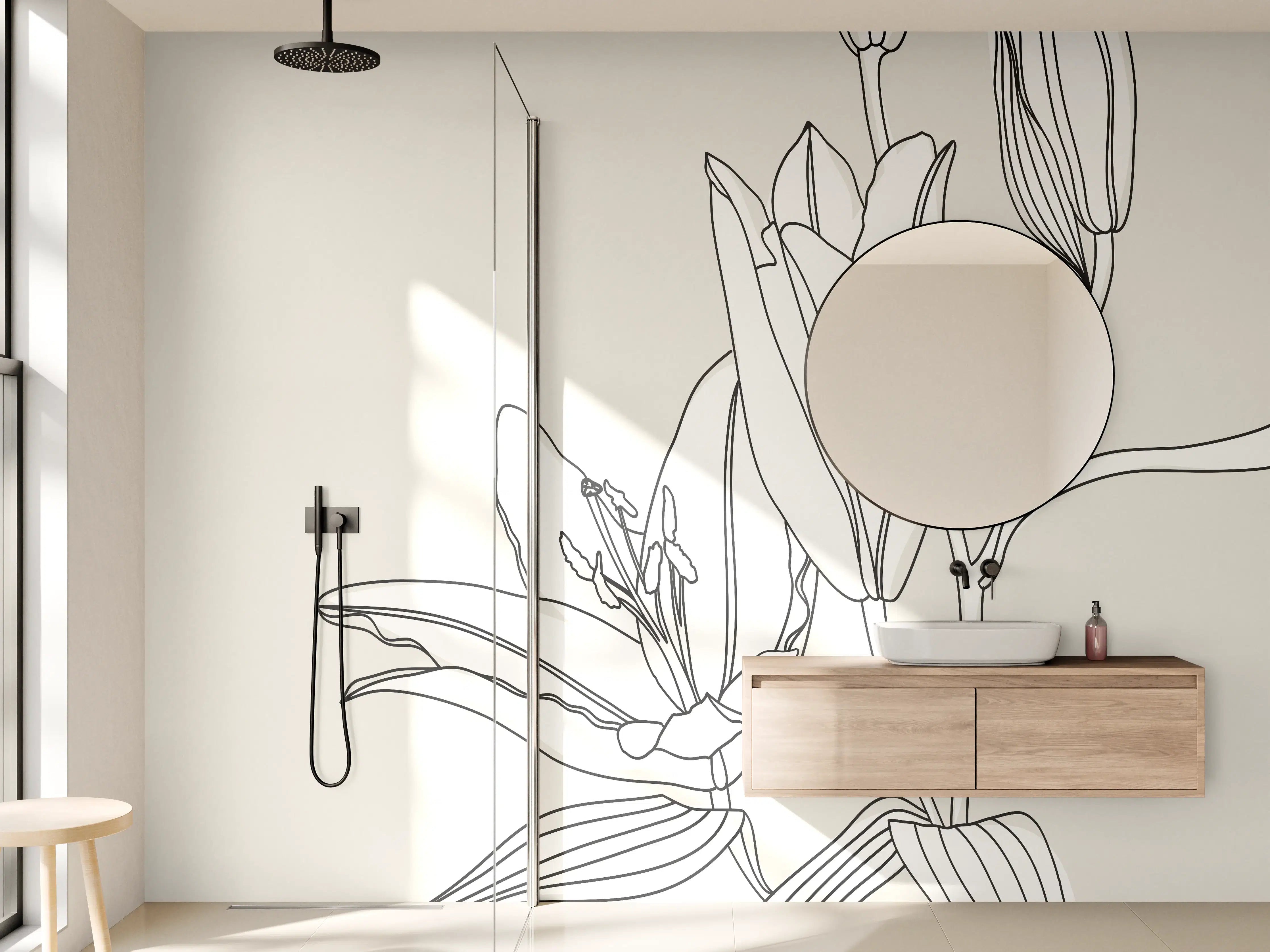Wandverkleidung Bad - Beige Lilien Linienkunst
