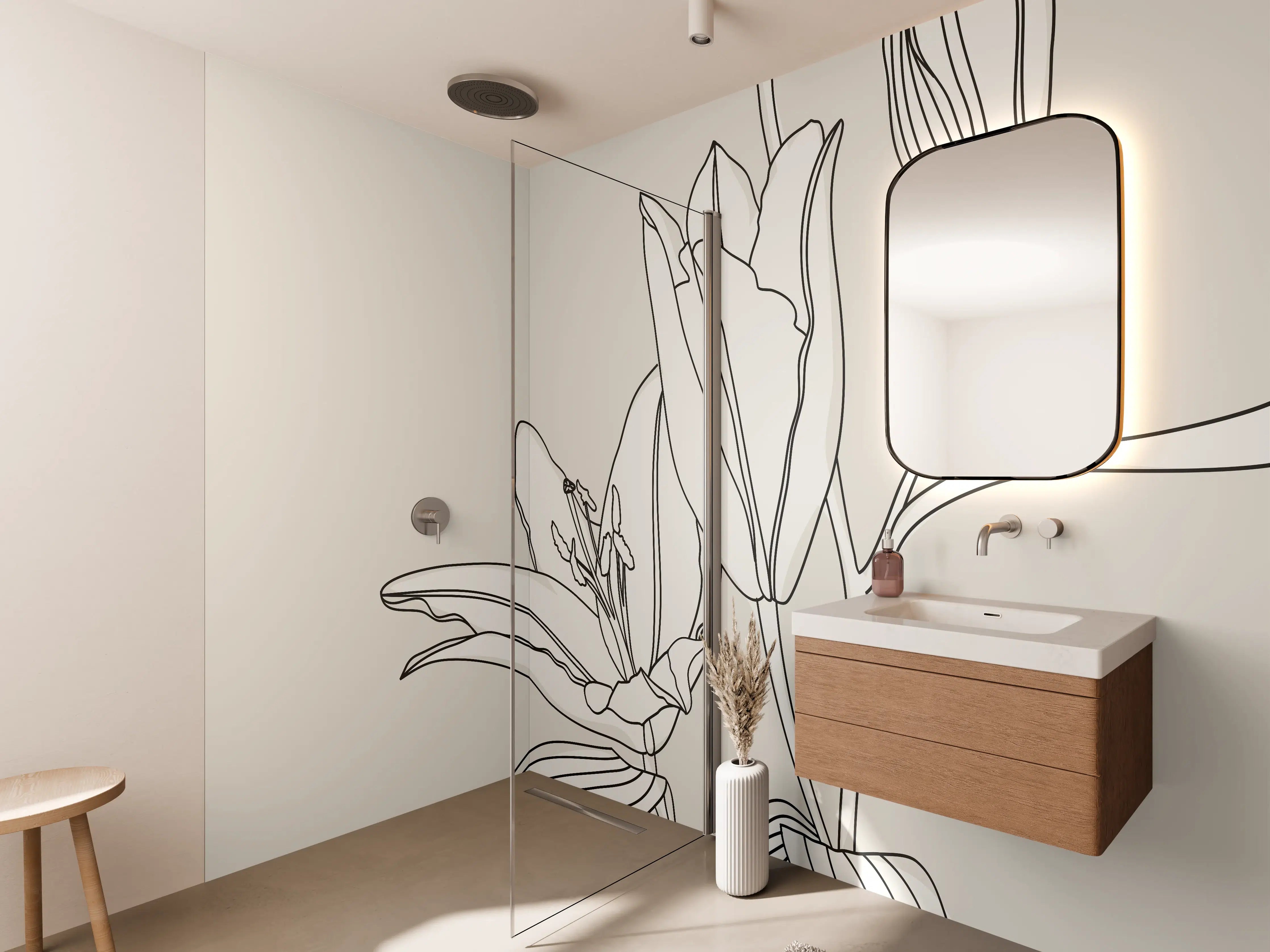 Wandverkleidung Bad - Beige Lilien Linienkunst