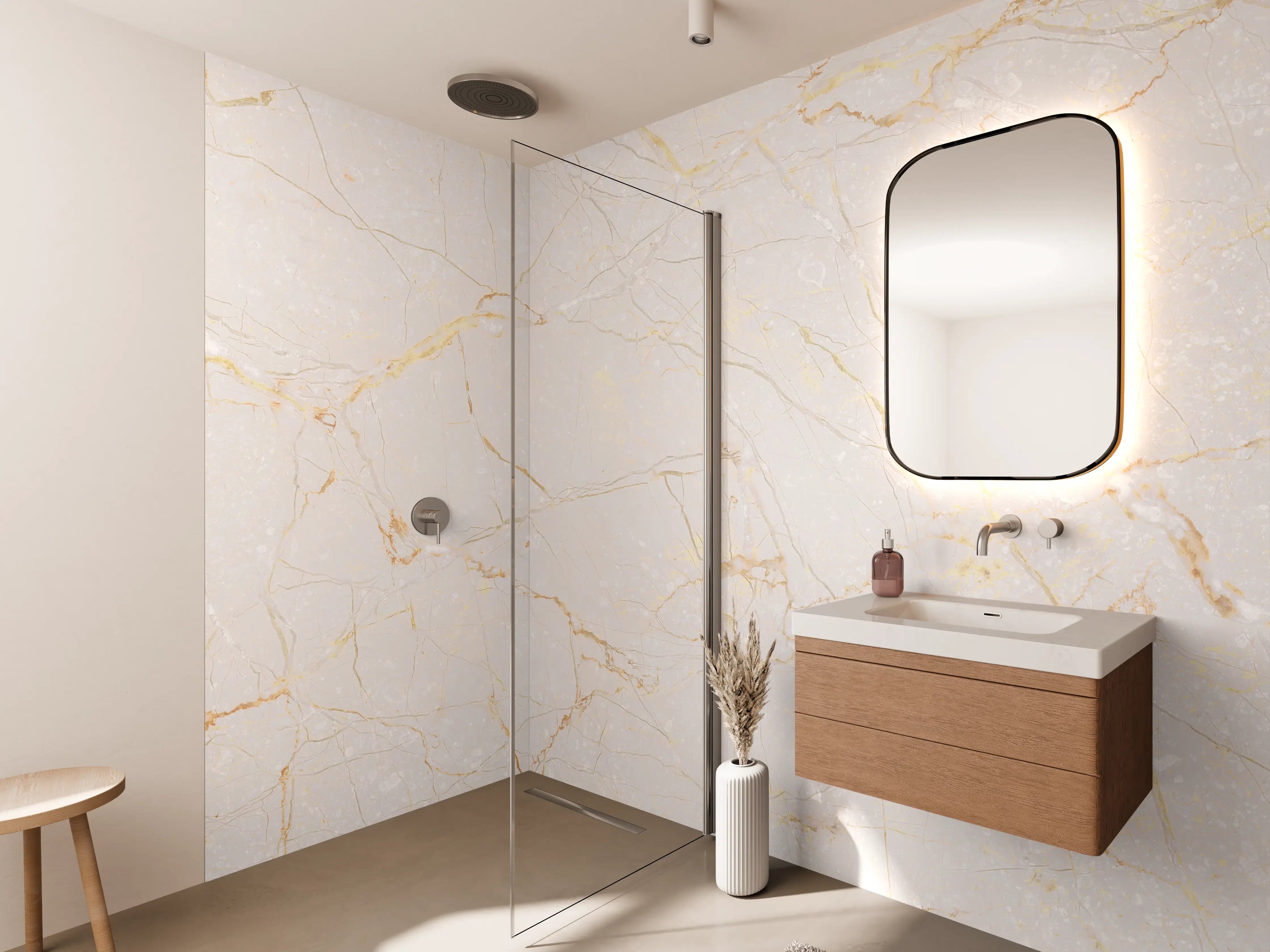 Wandverkleidung Bad - Beige Marmor-Textur mit feiner Linienführung