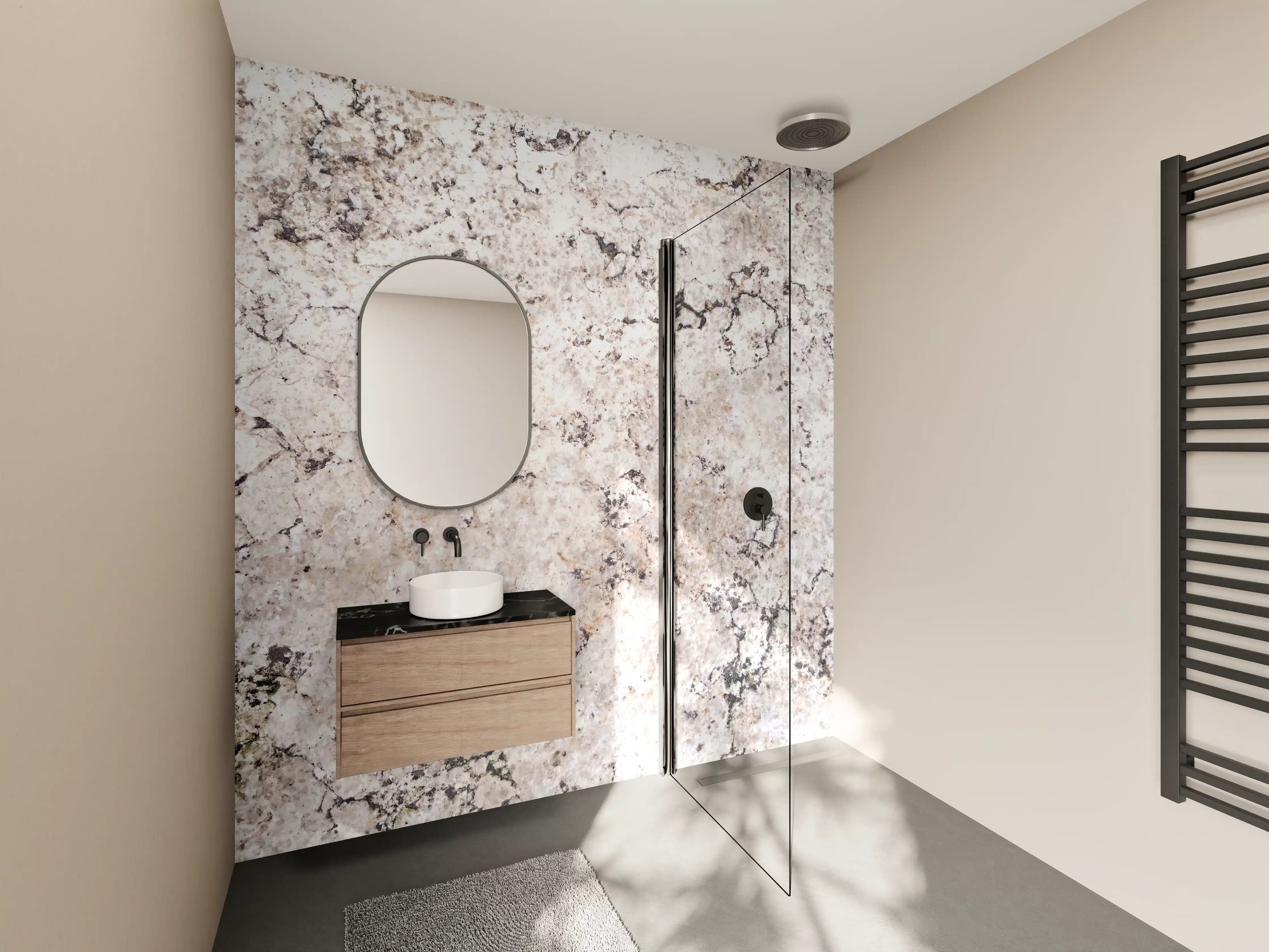 Wandverkleidung Bad - Beige Marmor-Textur mit schwarzen Adern