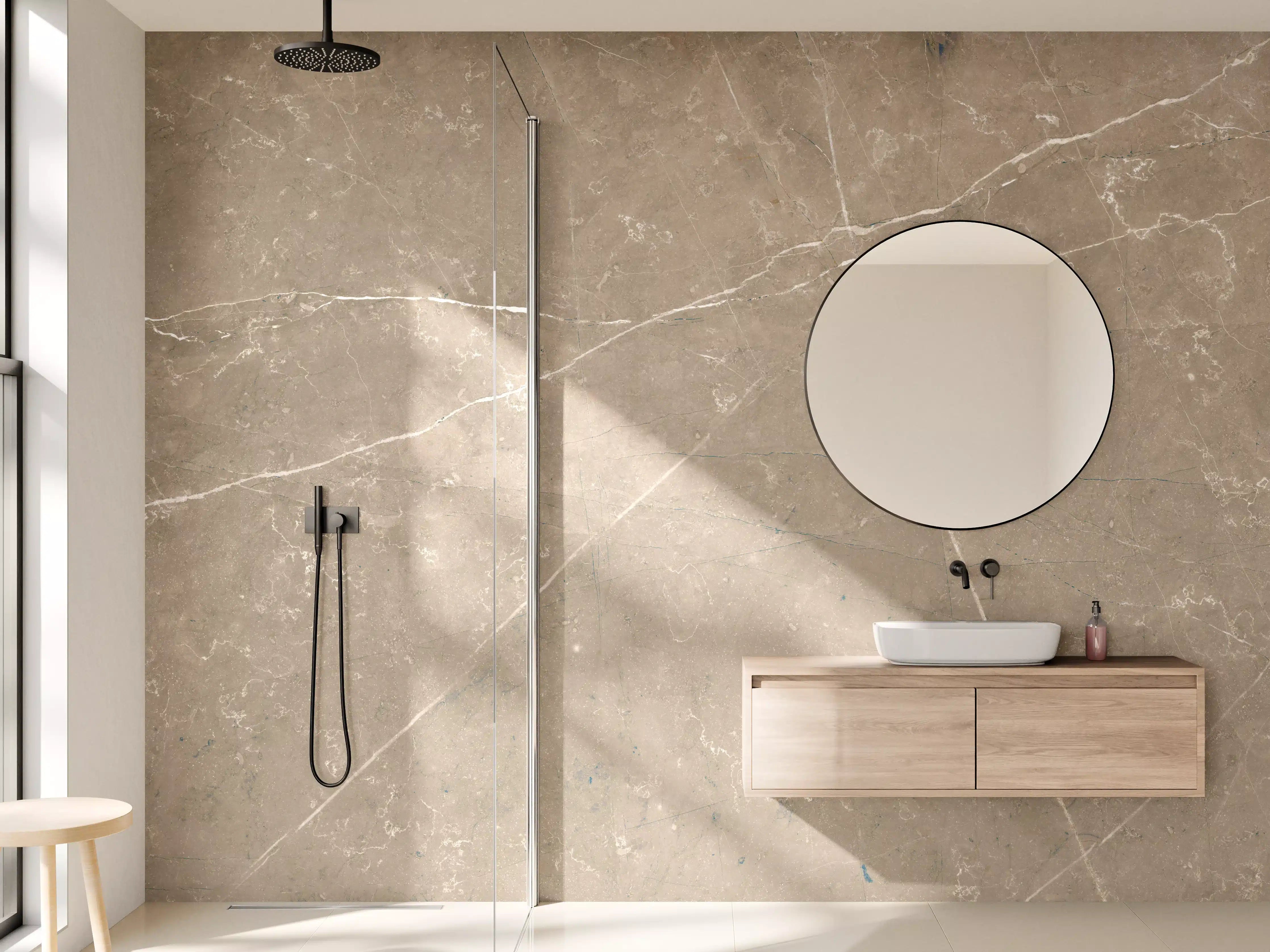 Wandverkleidung Bad - Beige Steinmauer mit feinen Linien und Texturen