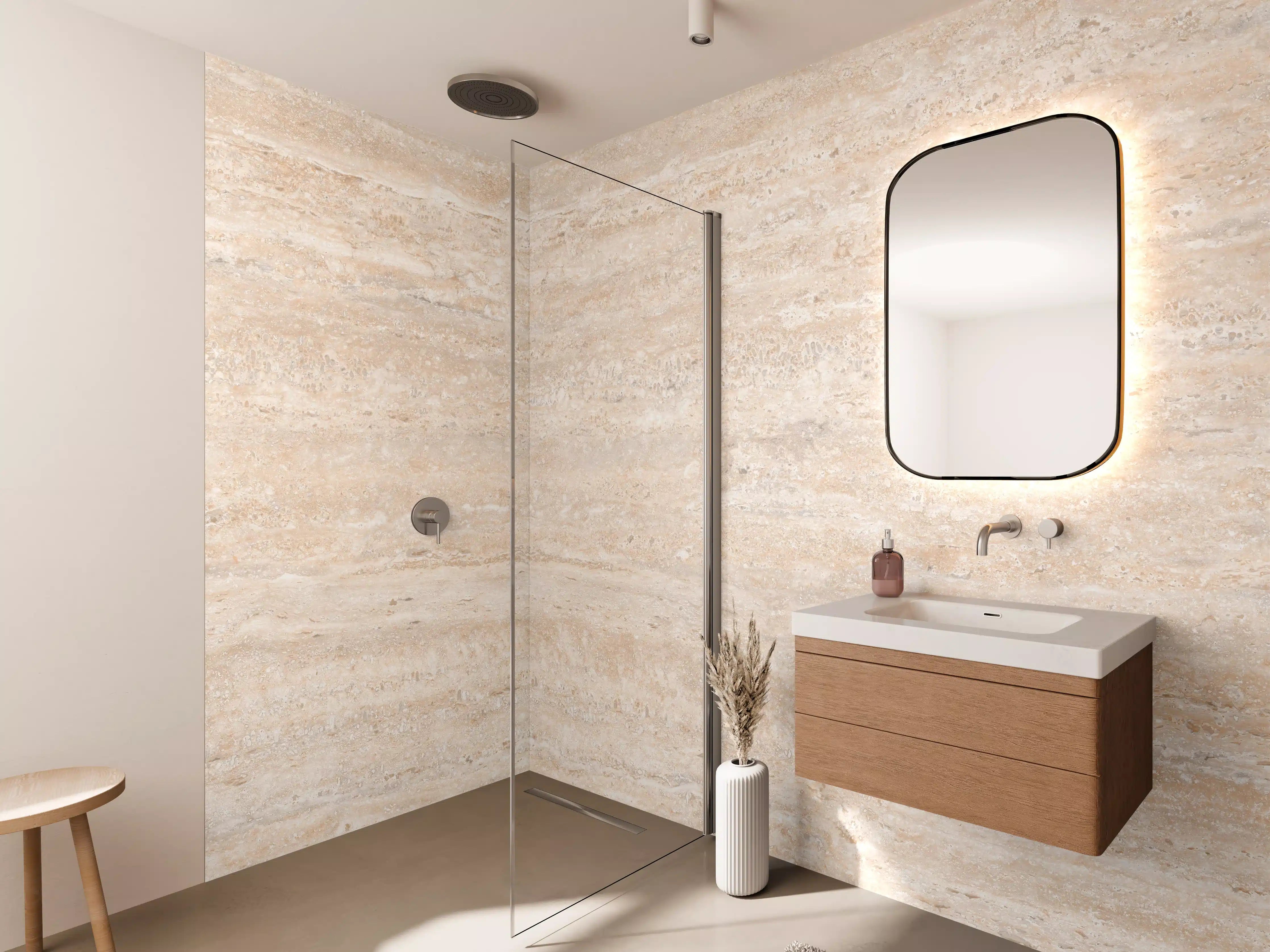 Wandverkleidung Bad - Beige Steinstruktur mit feinen Linien