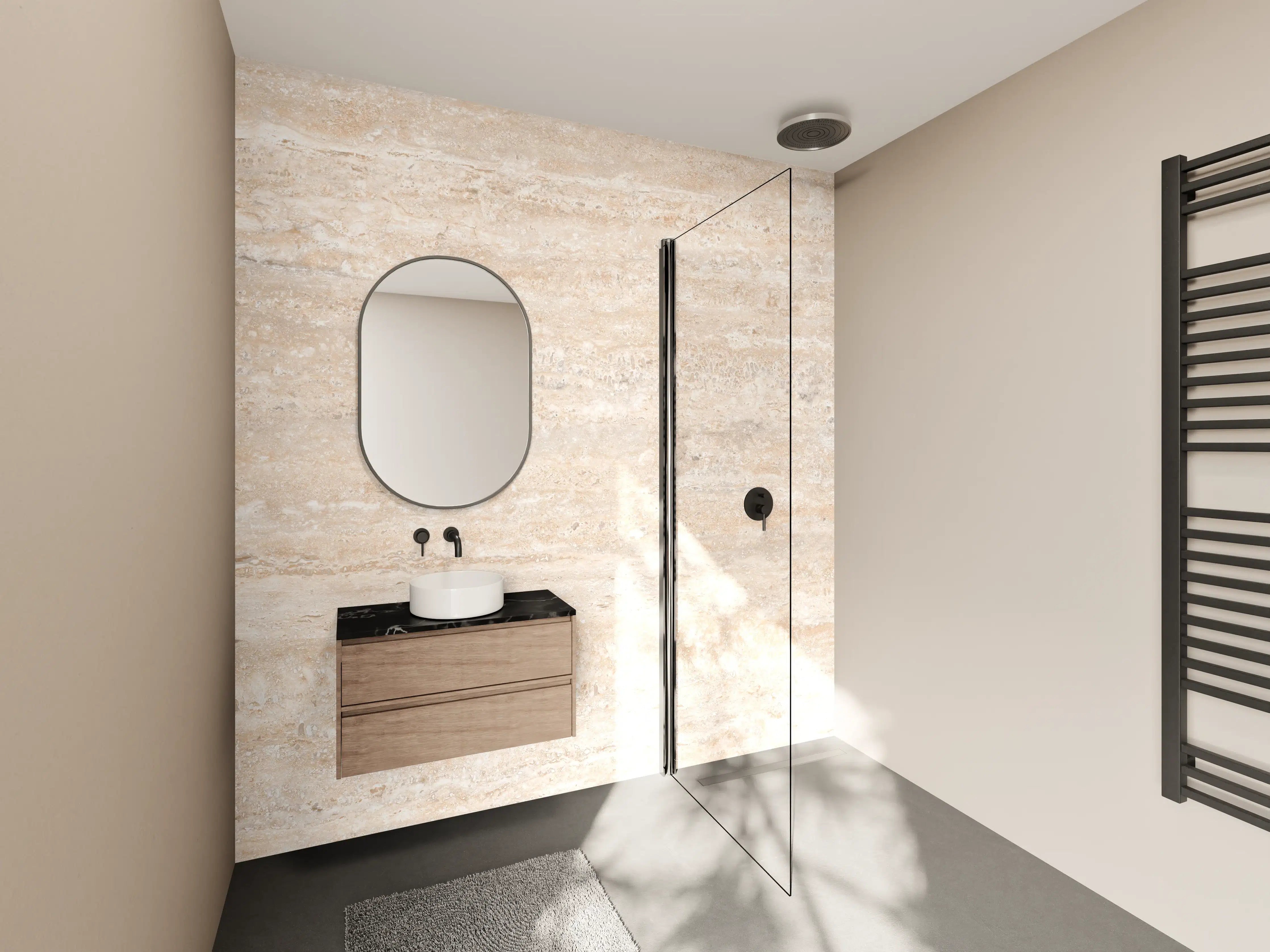 Wandverkleidung Bad - Beige Steinstruktur mit feinen Linien