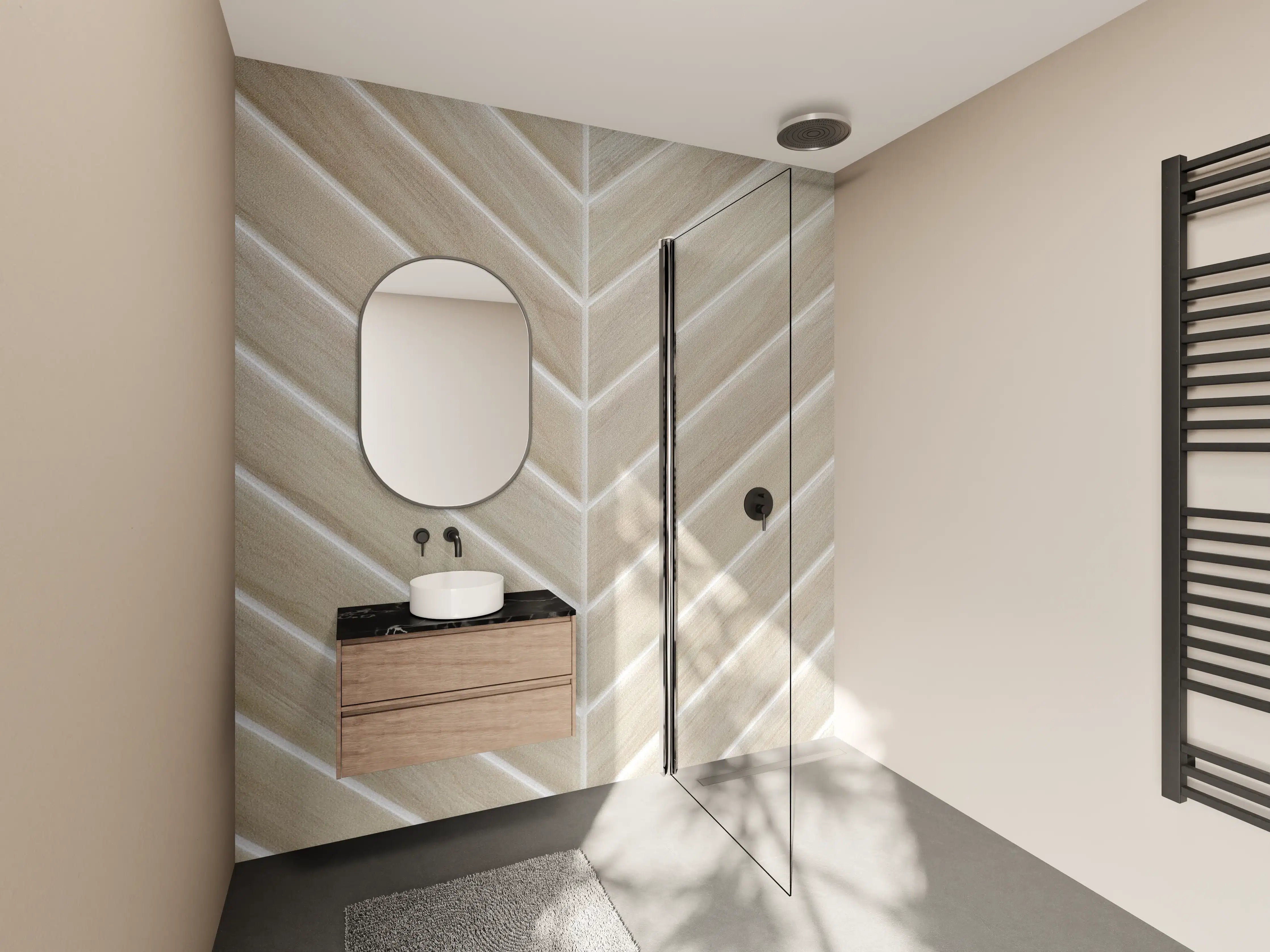 Wandverkleidung Bad - Beige & Grau Chevron Fliesenmuster