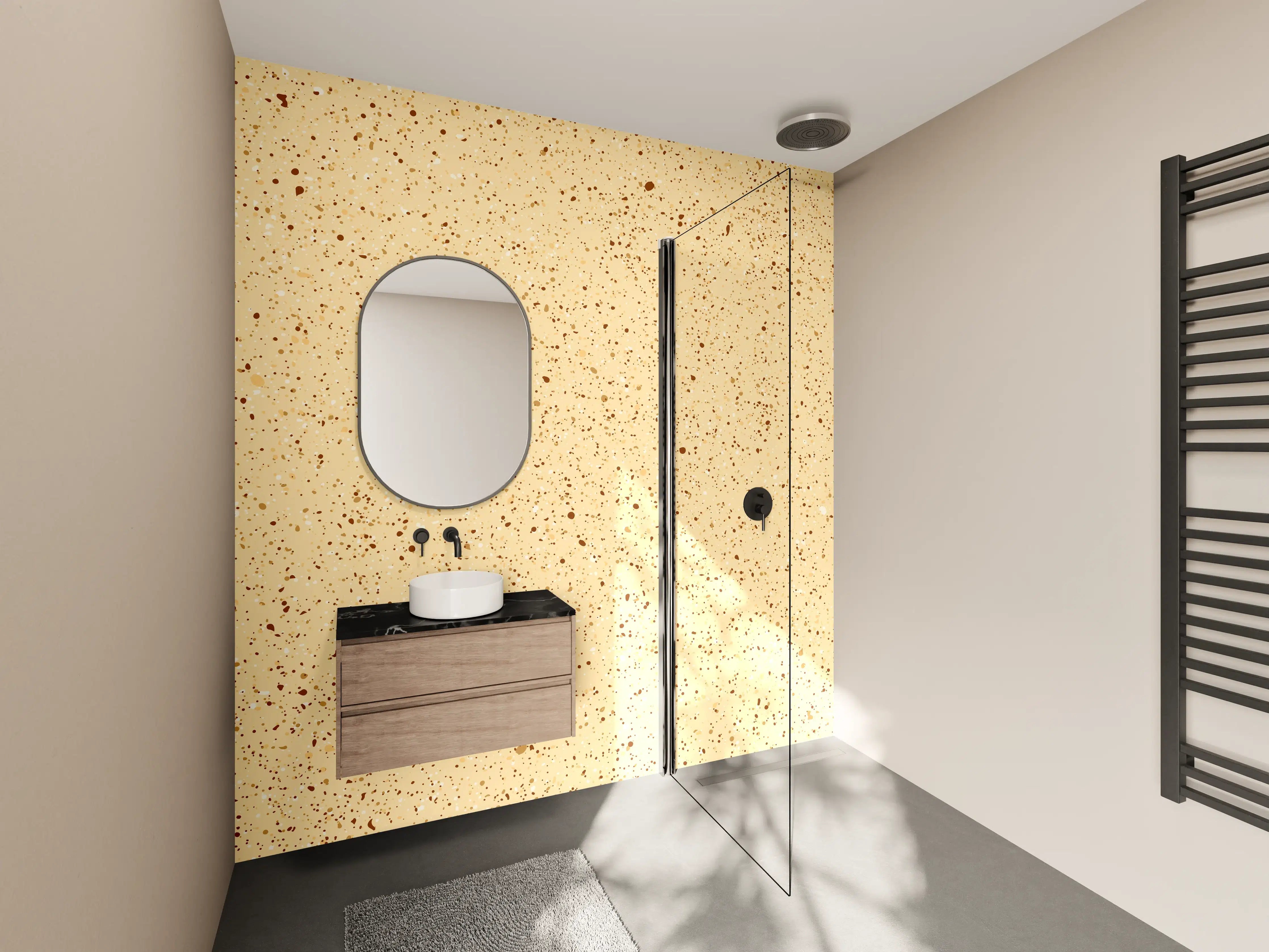Wandverkleidung Bad - Beige gekalkte Wand mit dunklen Flecken