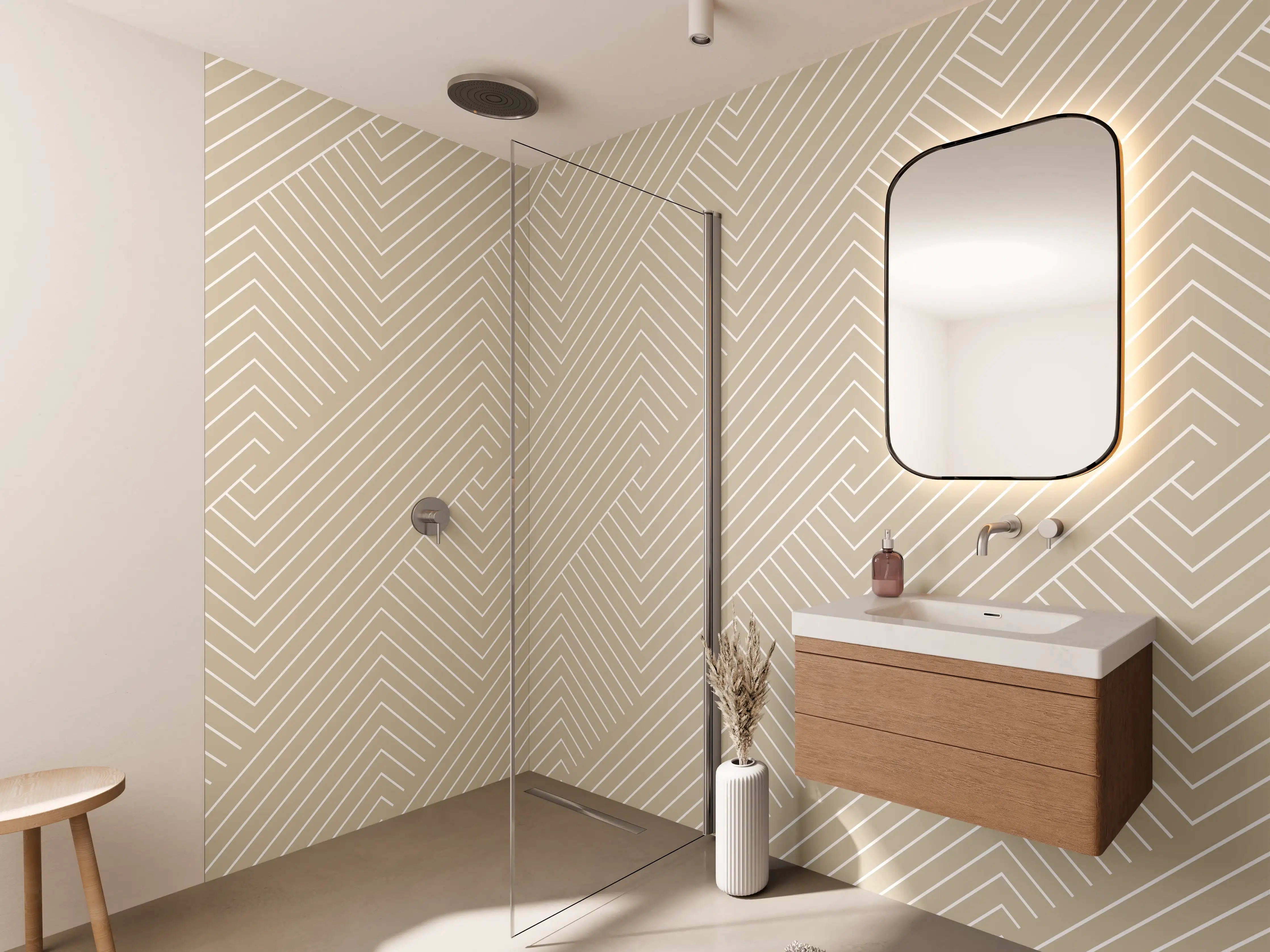 Wandverkleidung Bad - Beige geometrische Linienstruktur