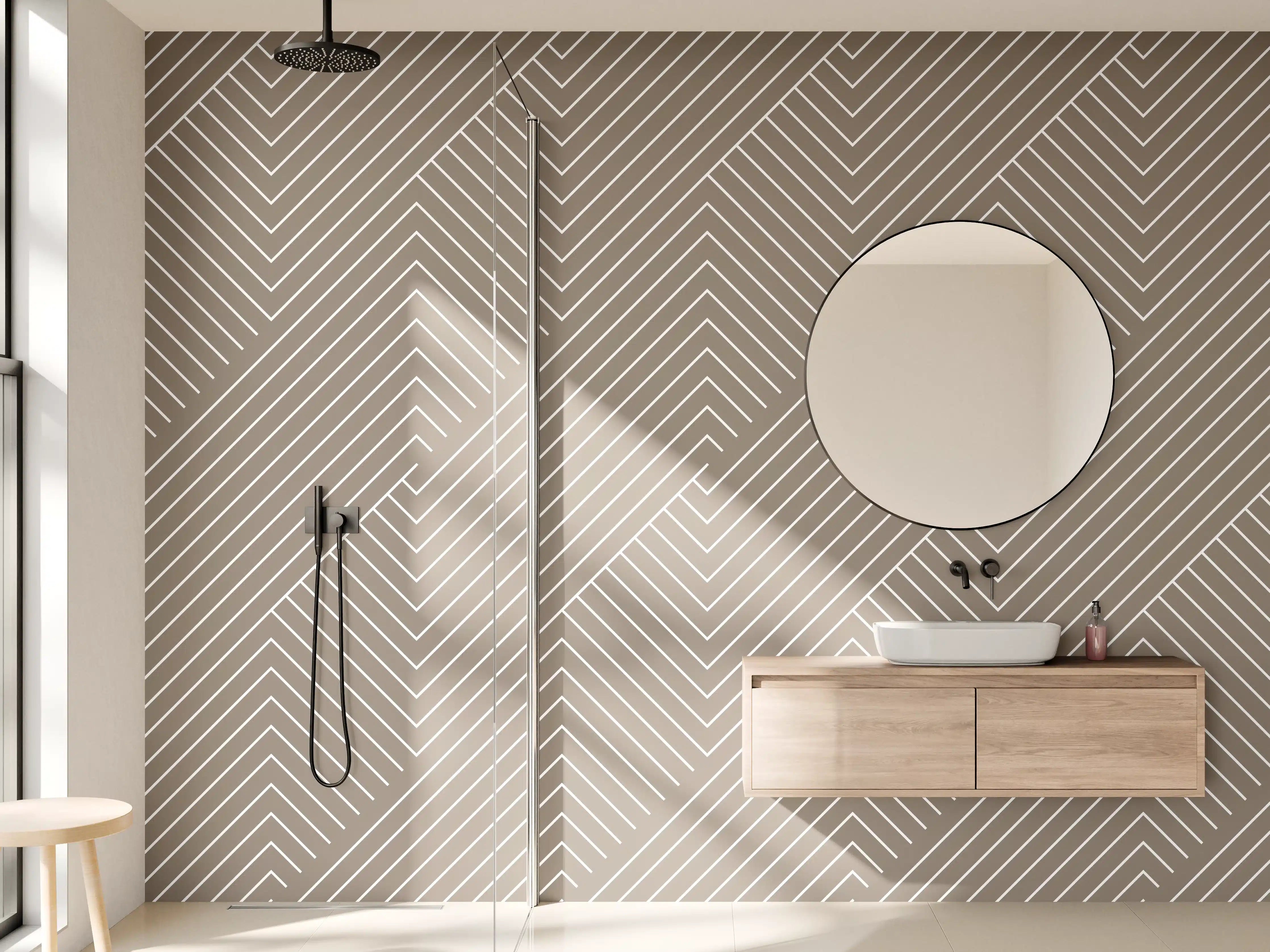 Wandverkleidung Bad - Beige und Weiße geometrische Linienmuster
