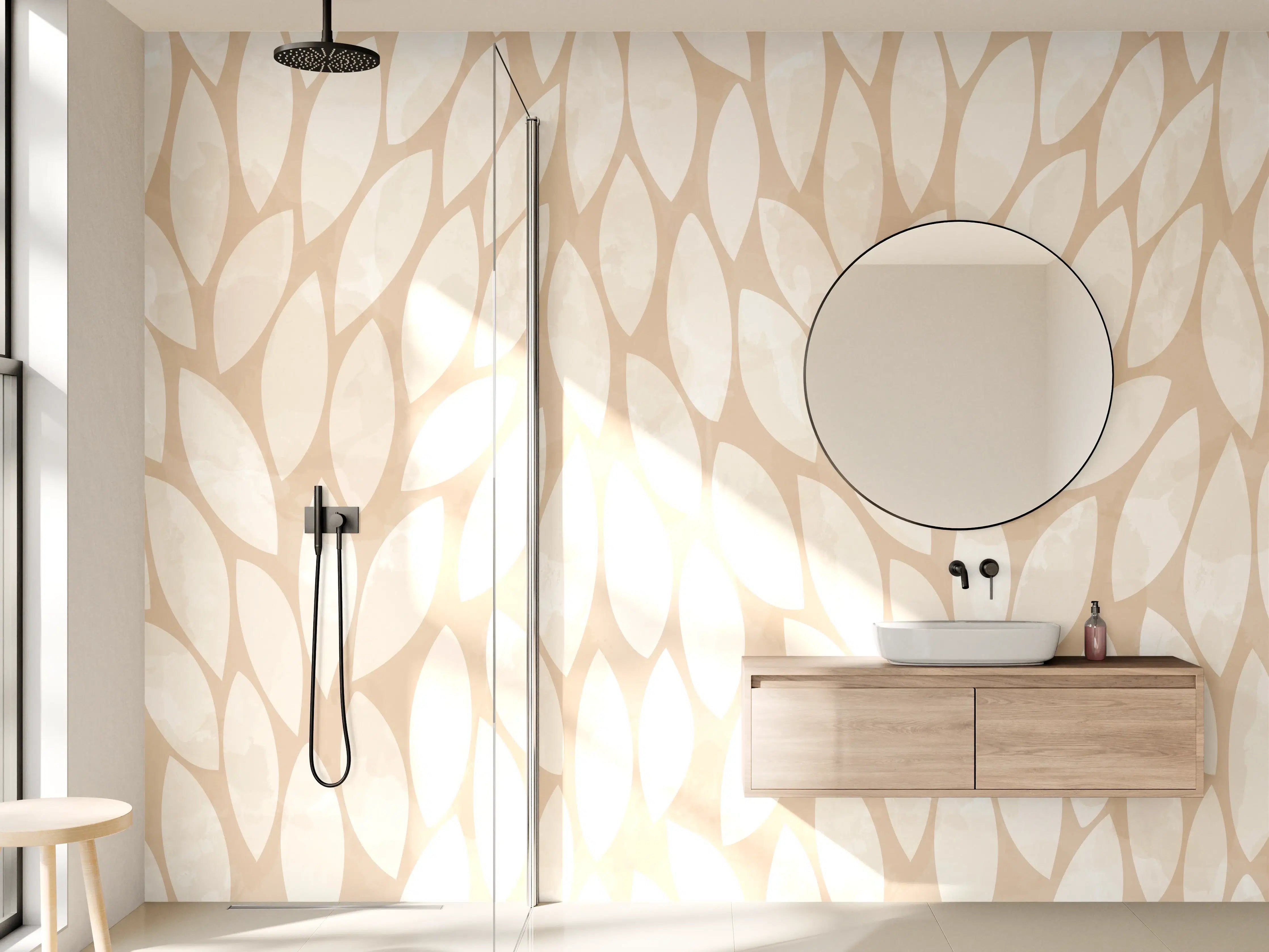 Wandverkleidung Bad - Beige-weiße Blättermuster mit sanften Farbtönen