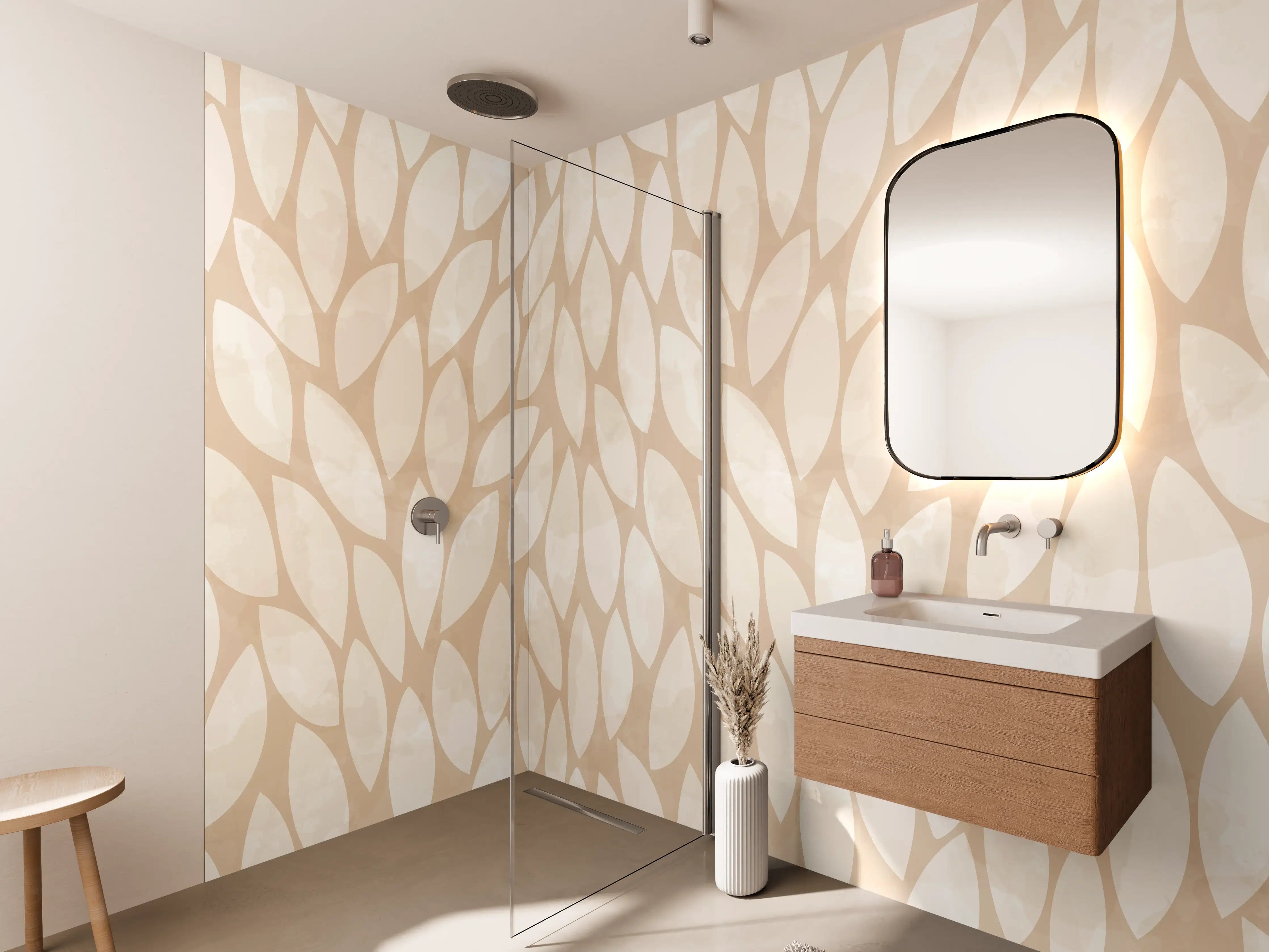 Wandverkleidung Bad - Beige-weiße Blättermuster mit sanften Farbtönen