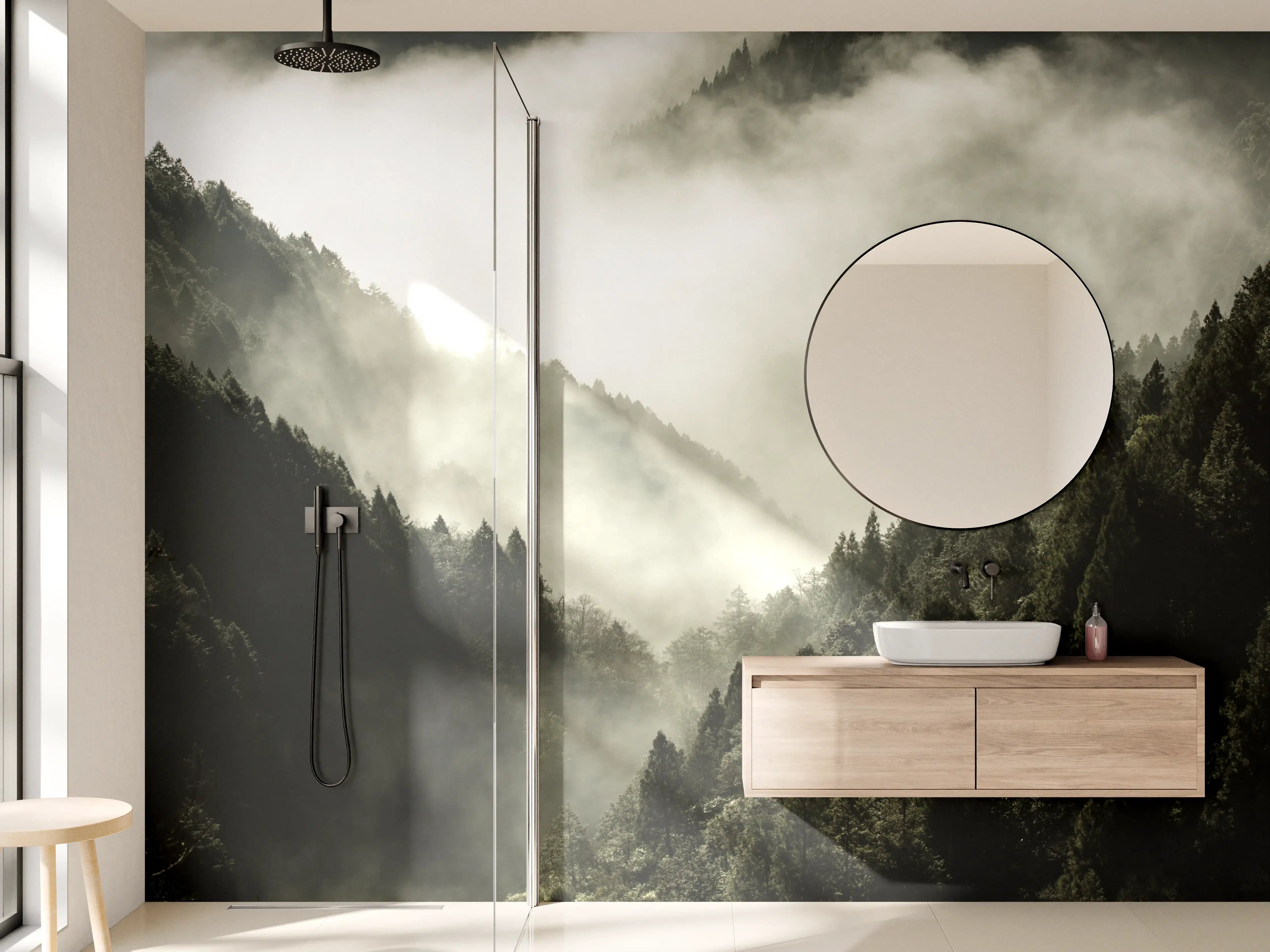 Wandverkleidung Bad - Berg bedeckt in Nebel und Wolken