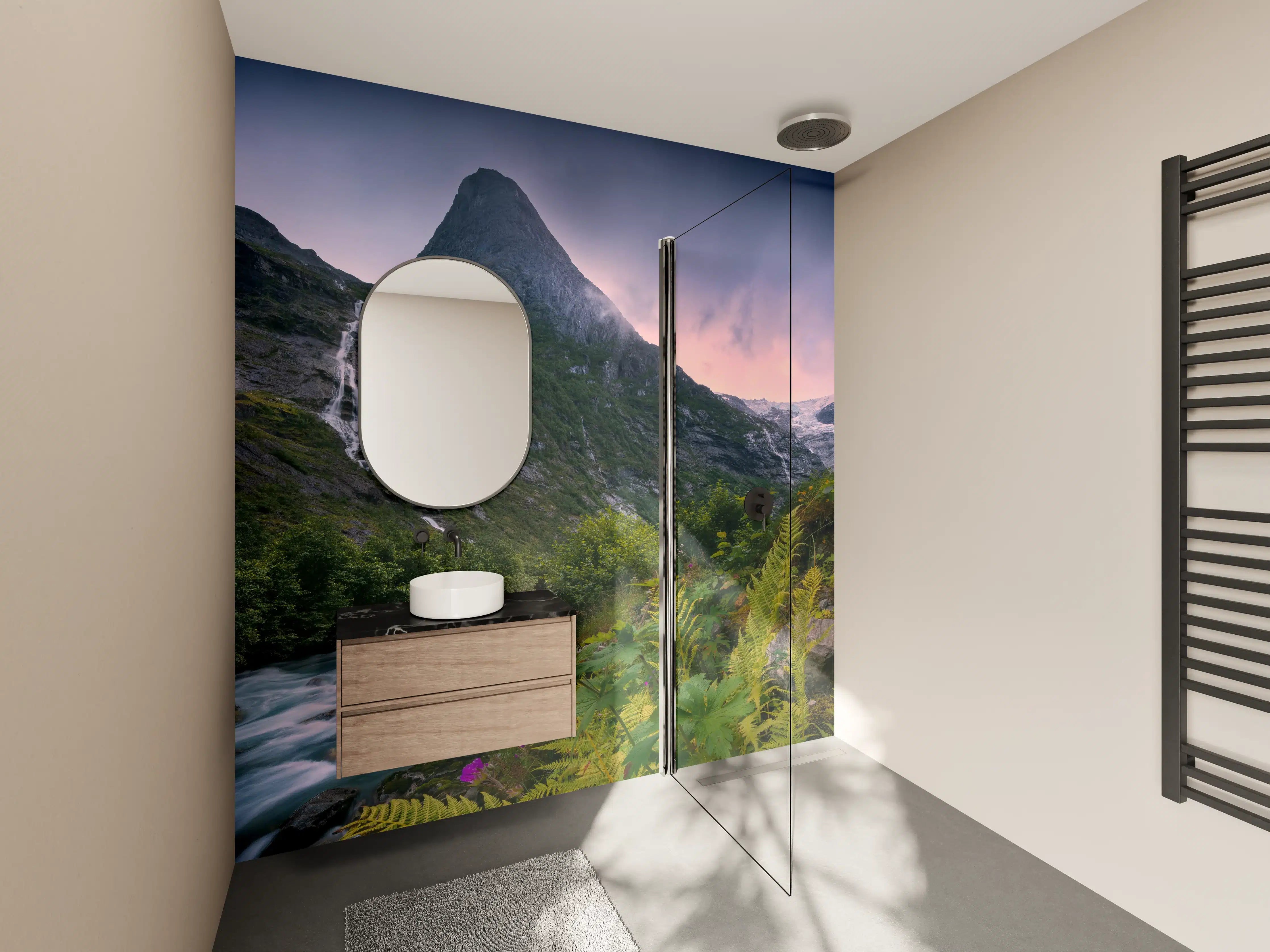 Wandverkleidung Bad - Berglandschaft Norwegens mit Wasserfällen