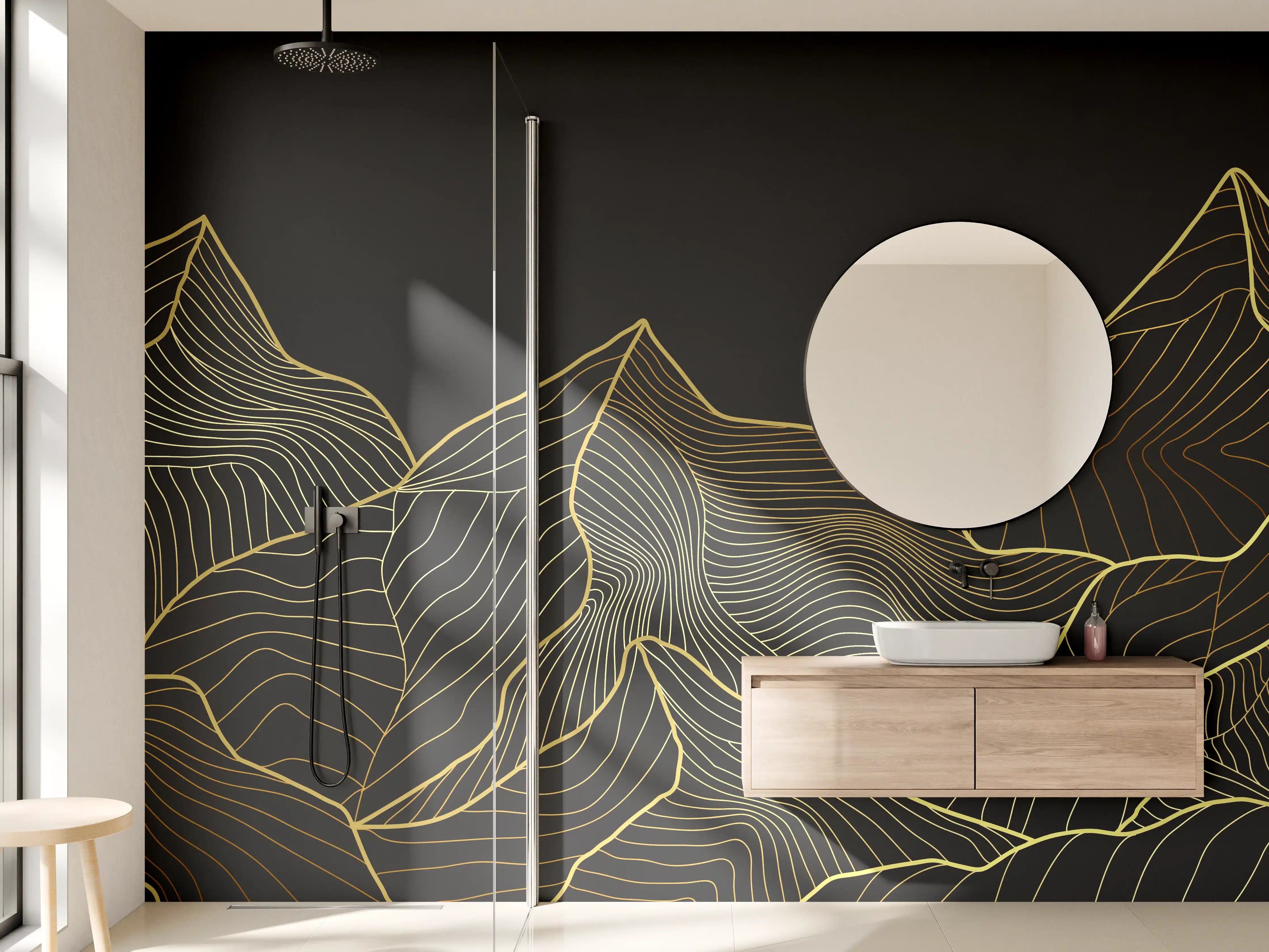 Wandverkleidung Bad - Berglinien Gold Schwarz