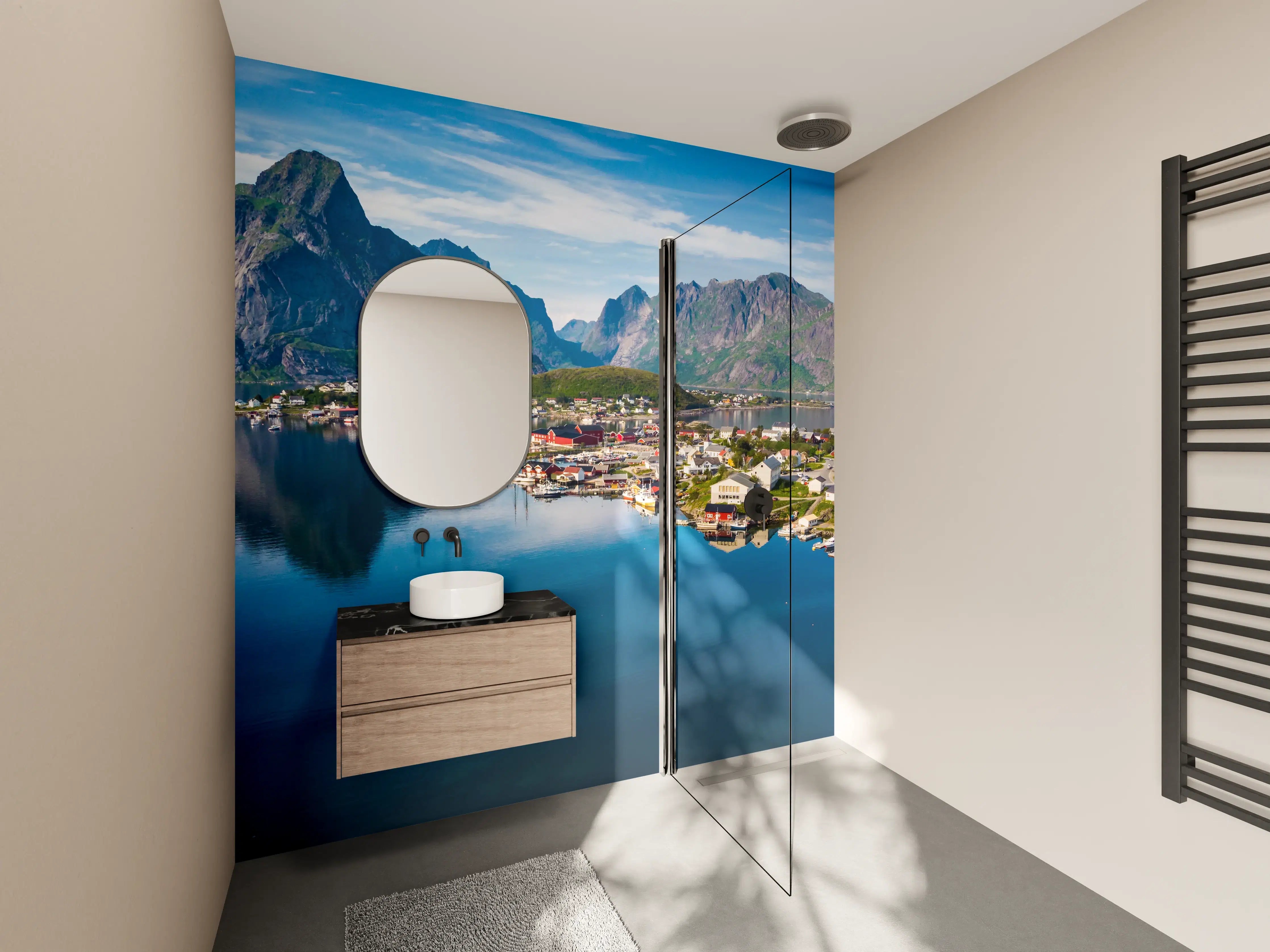 Wandverkleidung Bad - Bergpanorama am Fjord mit reflektierendem Wasser