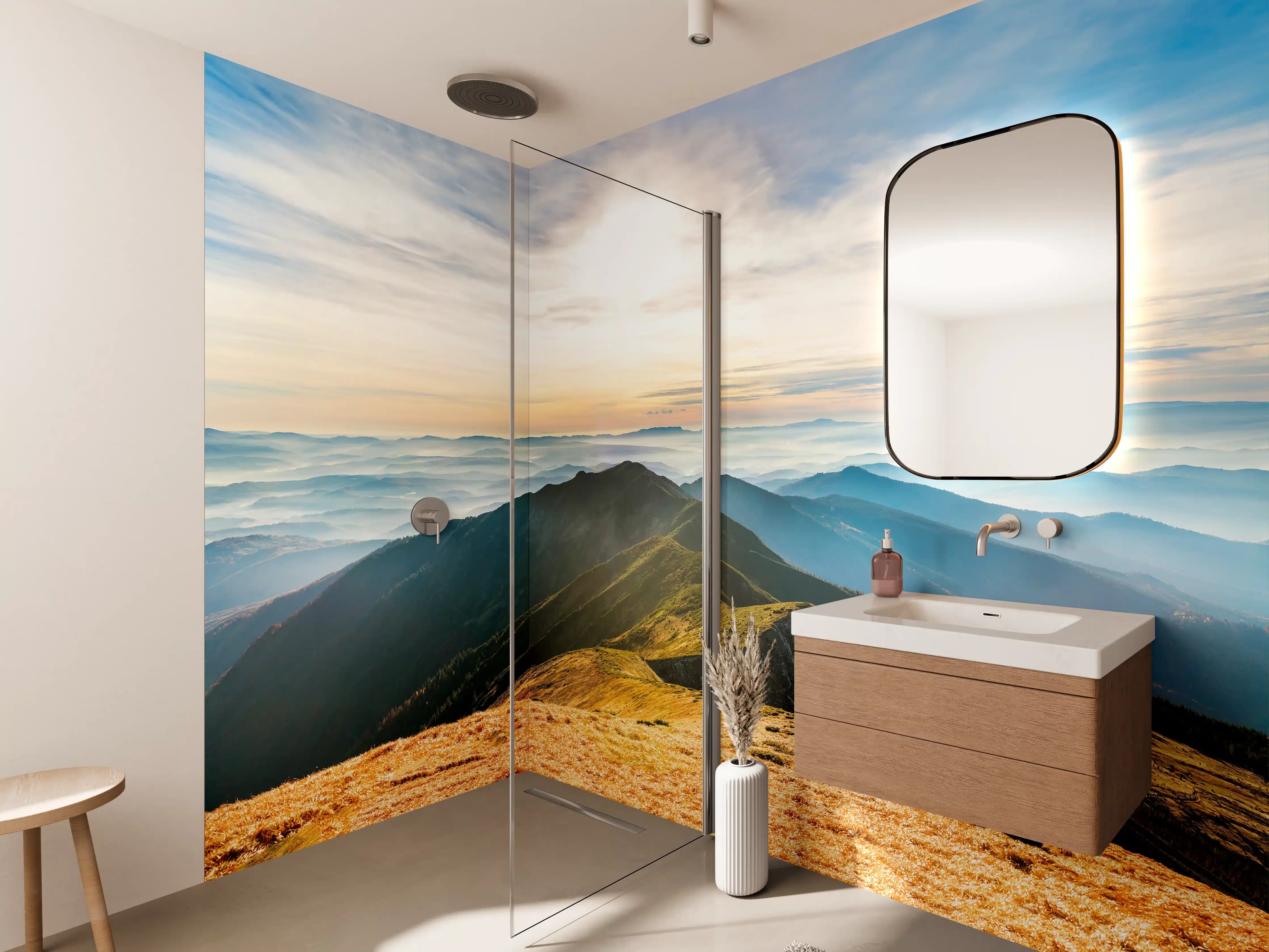 Wandverkleidung Bad - Bergpanorama bei Sonnenaufgang mit Blauen Wolken