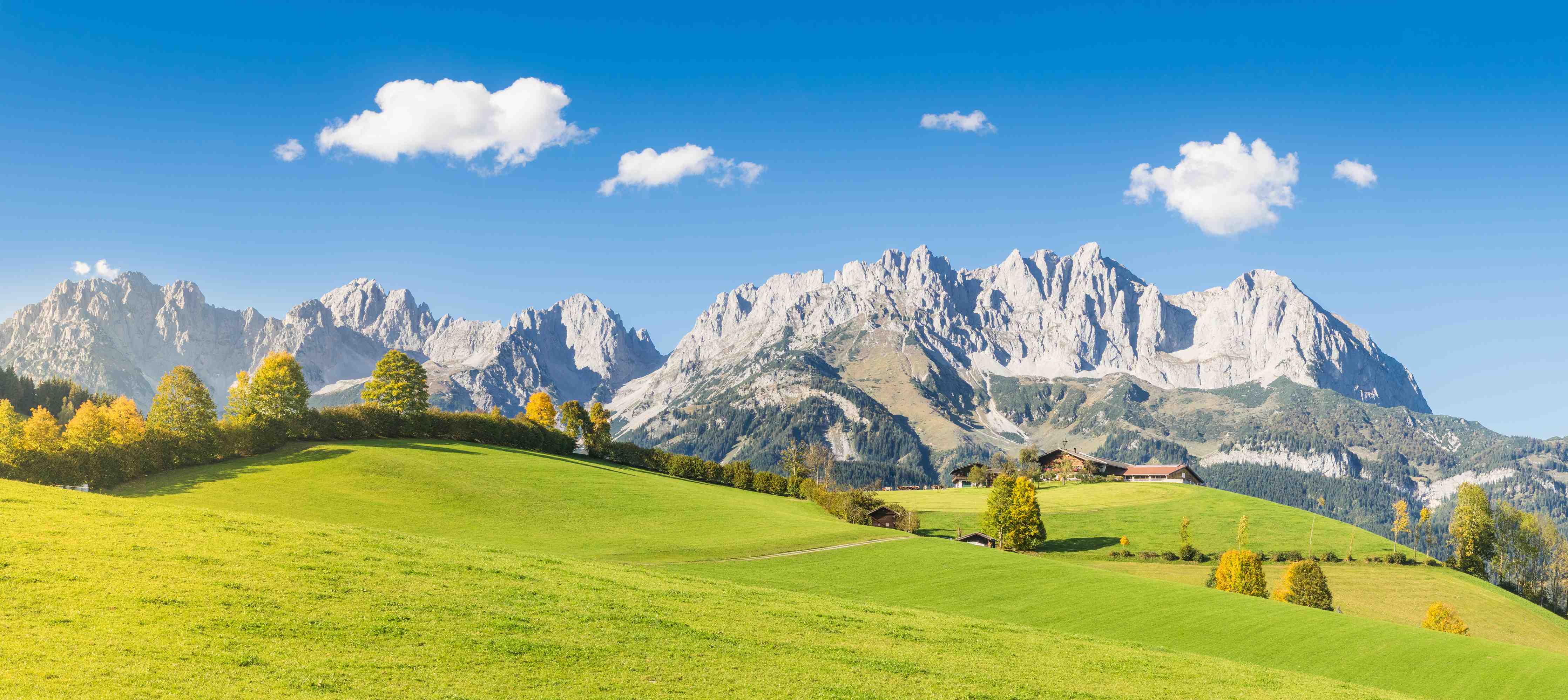 Wandverkleidung Bad-Bergpanorama mit grüner Wiese bei Sonnenschein