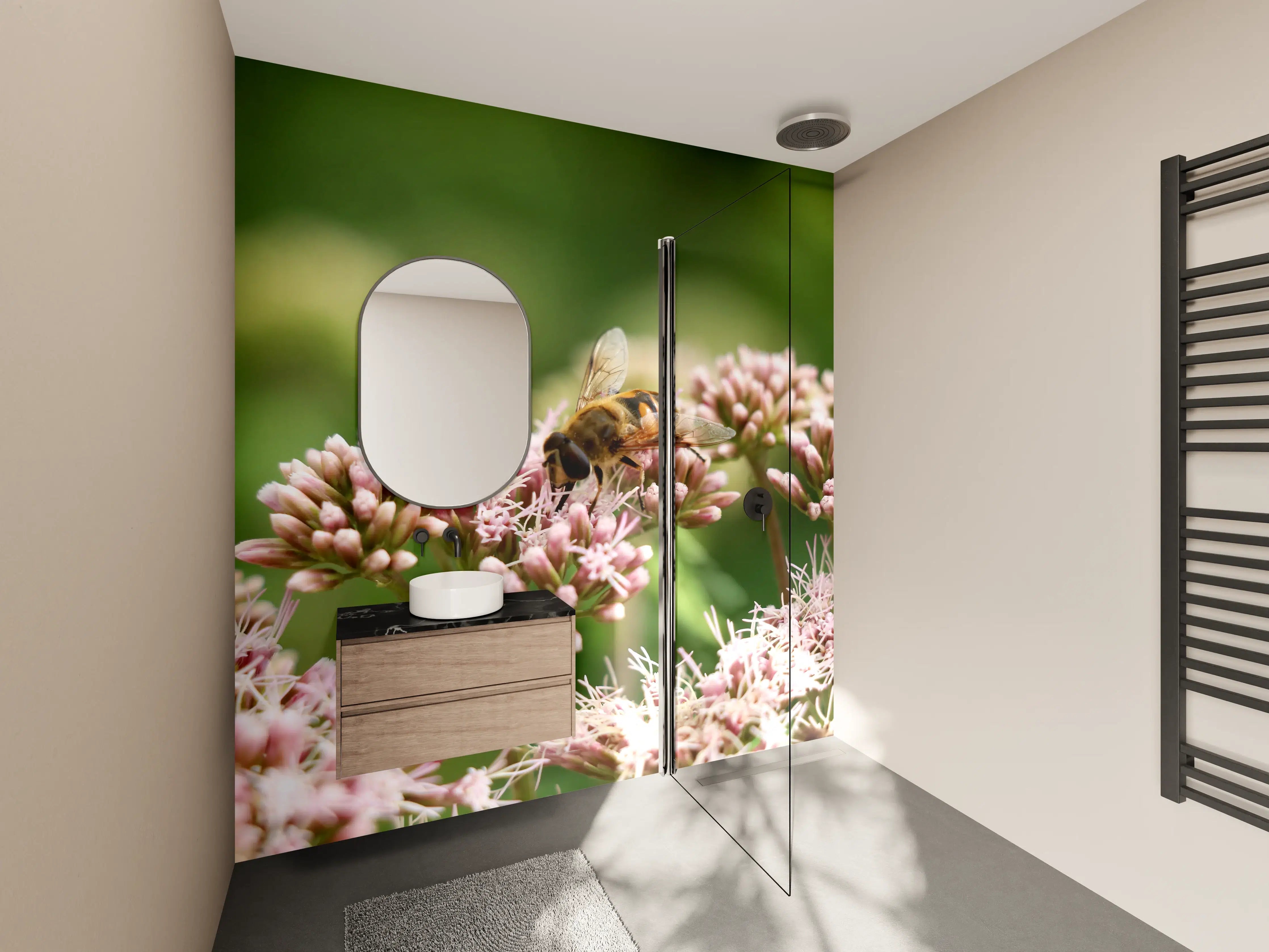 Wandverkleidung Bad - Biene auf Rosa Blüten Makro