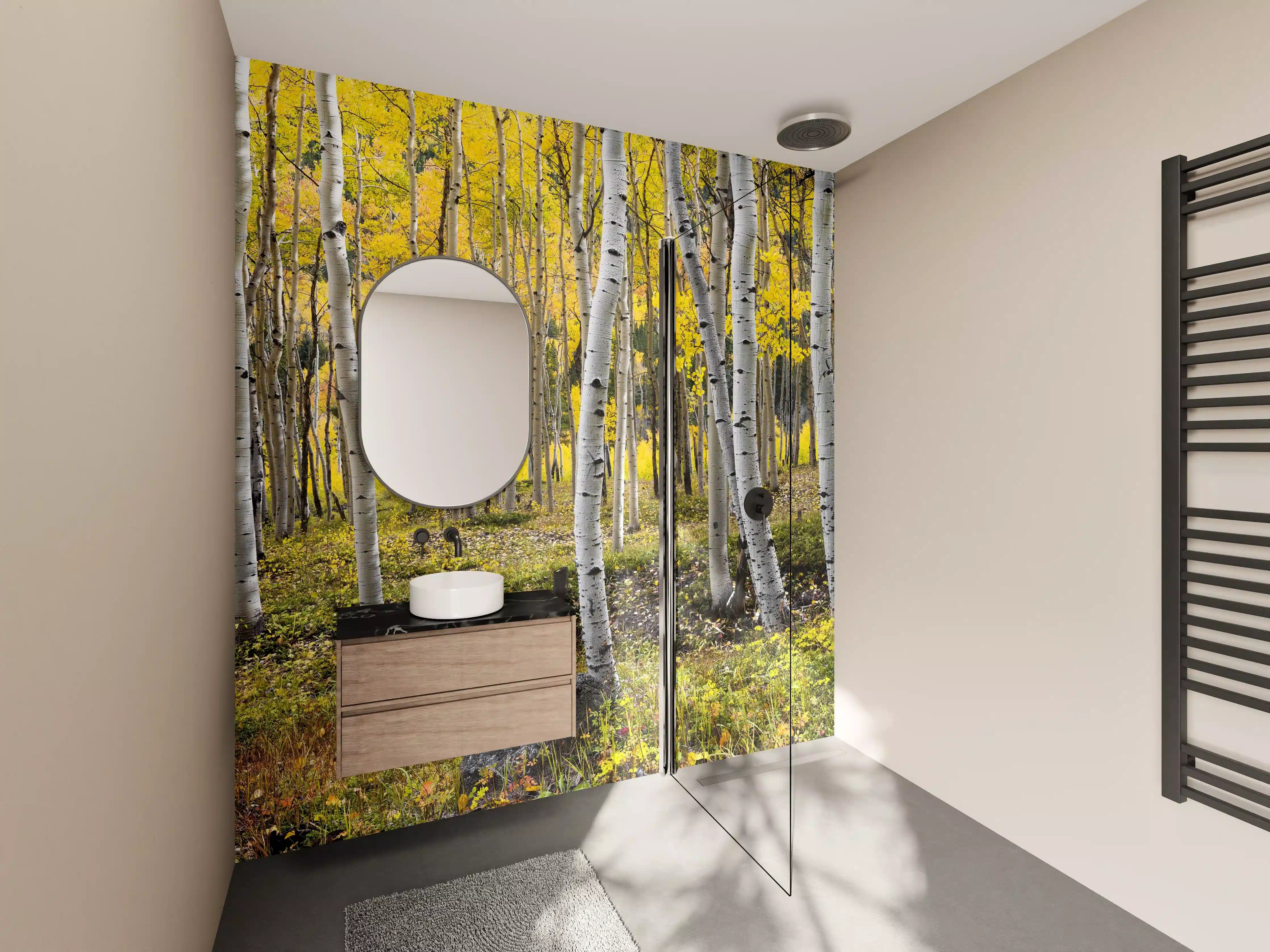 Wandverkleidung Bad - Birken im Herbst