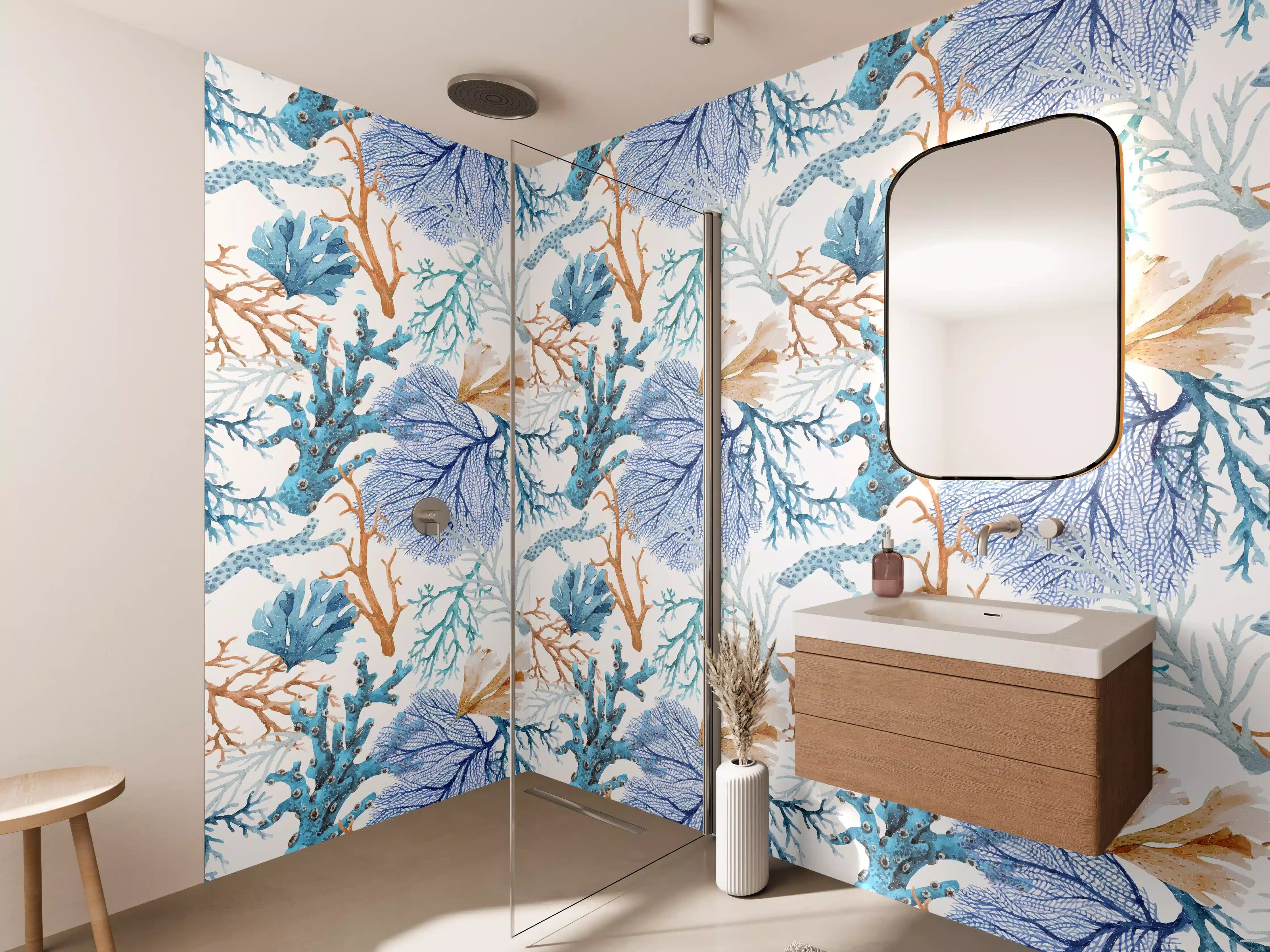 Wandverkleidung Bad - Blau-Beige Korallenmuster