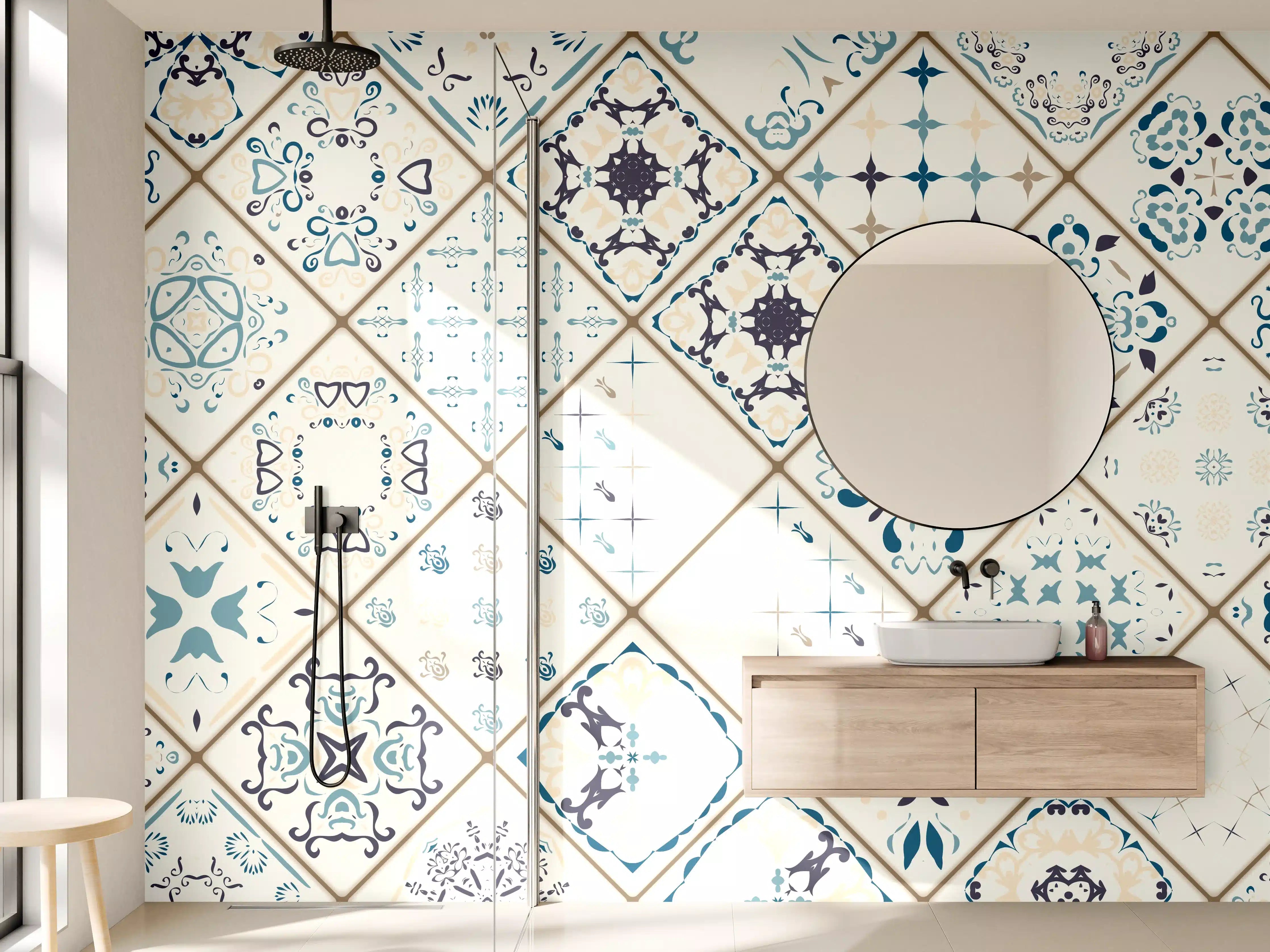 Wandverkleidung Bad - Blau-Beige Retro Fliesendesign