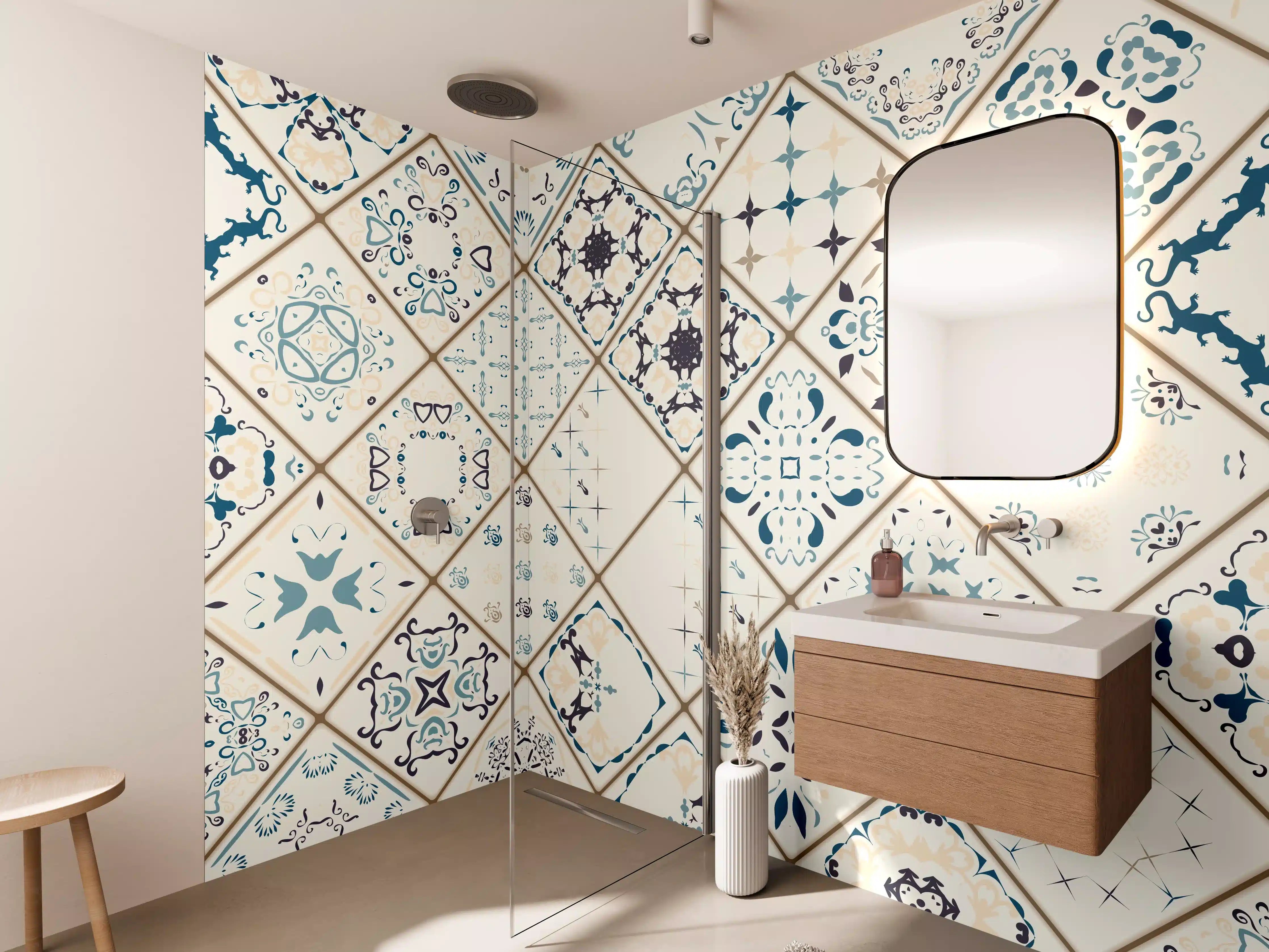 Wandverkleidung Bad - Blau-Beige Retro Fliesendesign