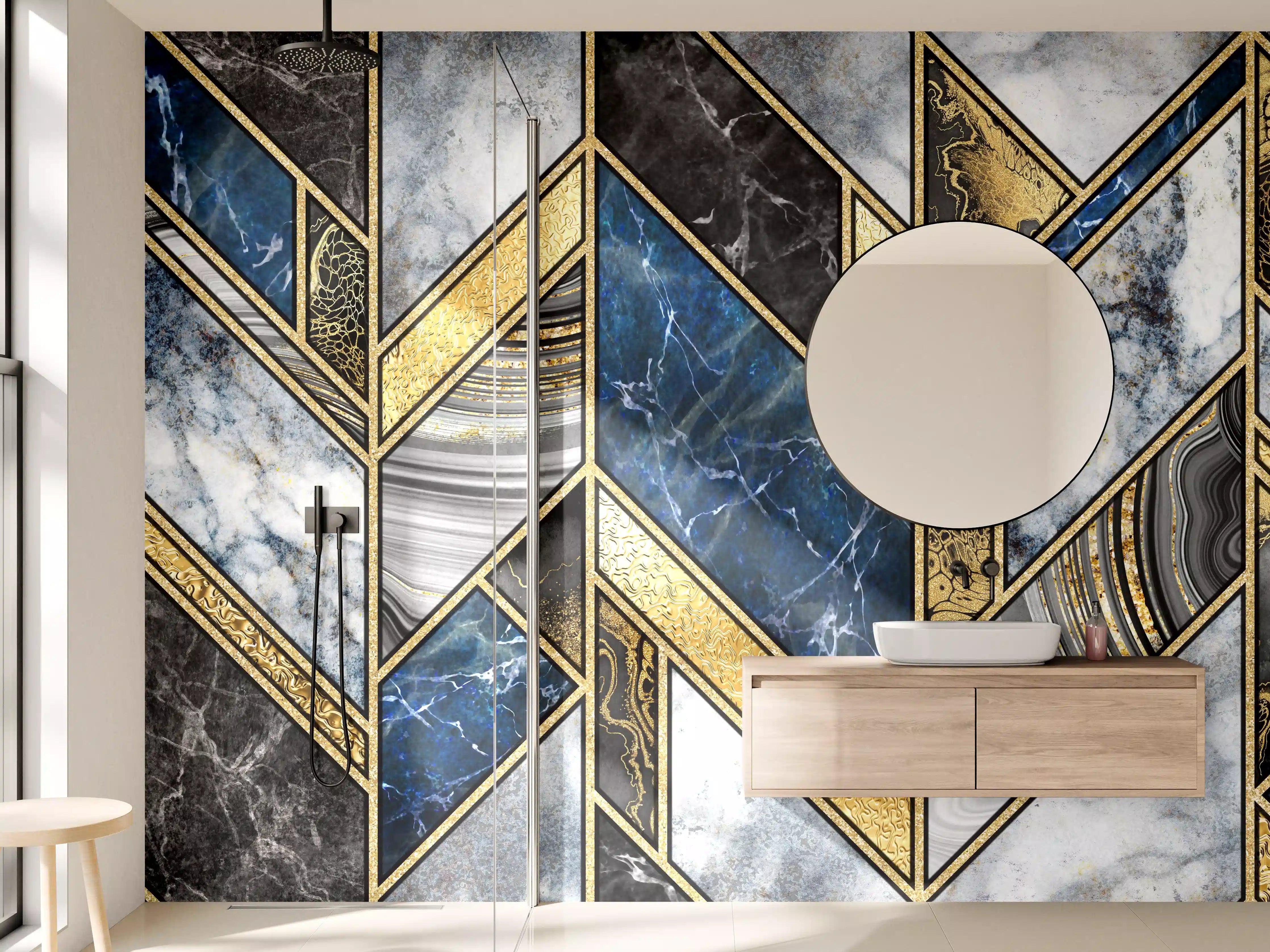 Wandverkleidung Bad - Blau-Goldenes Art-Deco-Mosaik