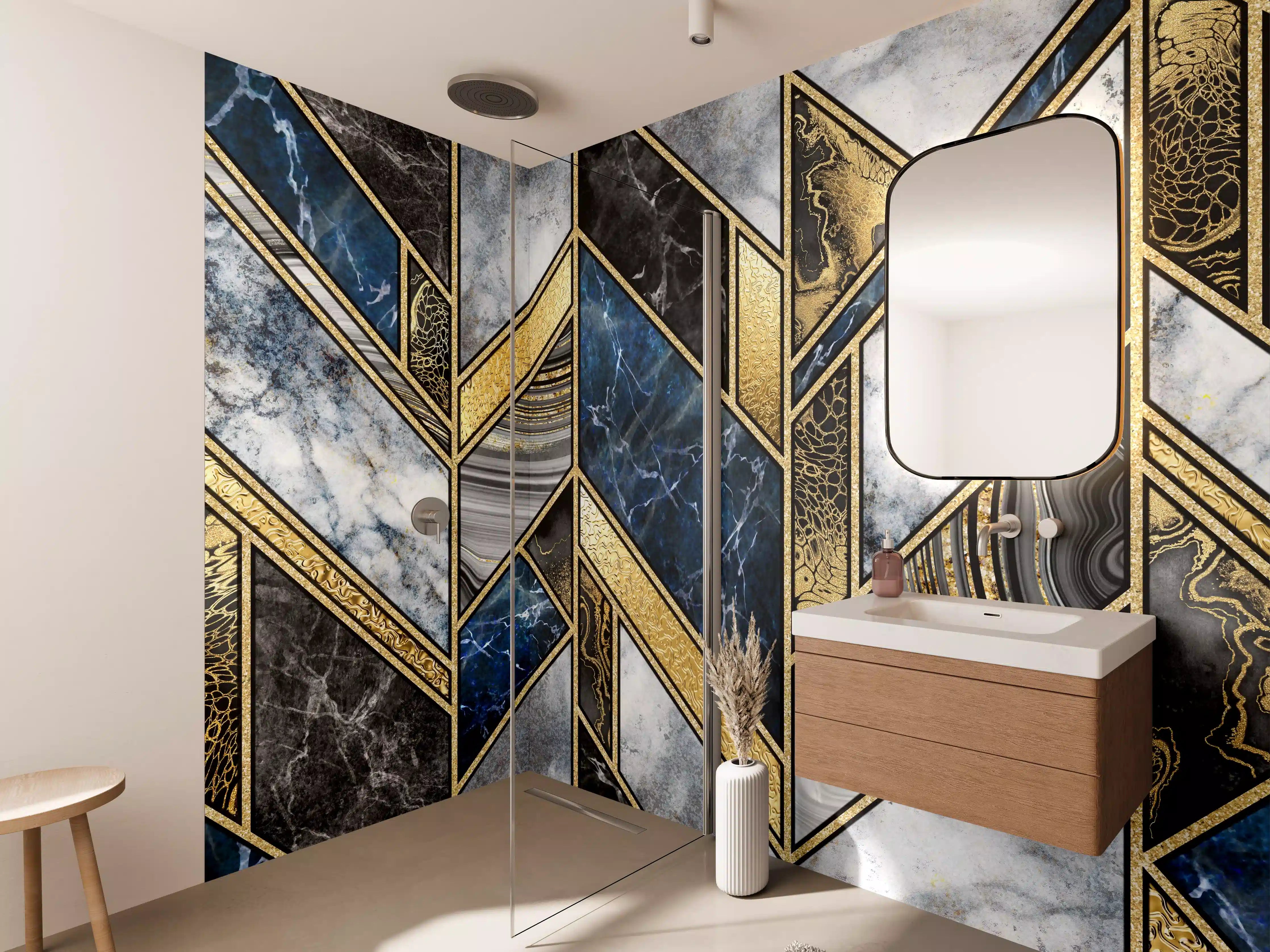 Wandverkleidung Bad - Blau-Goldenes Art-Deco-Mosaik
