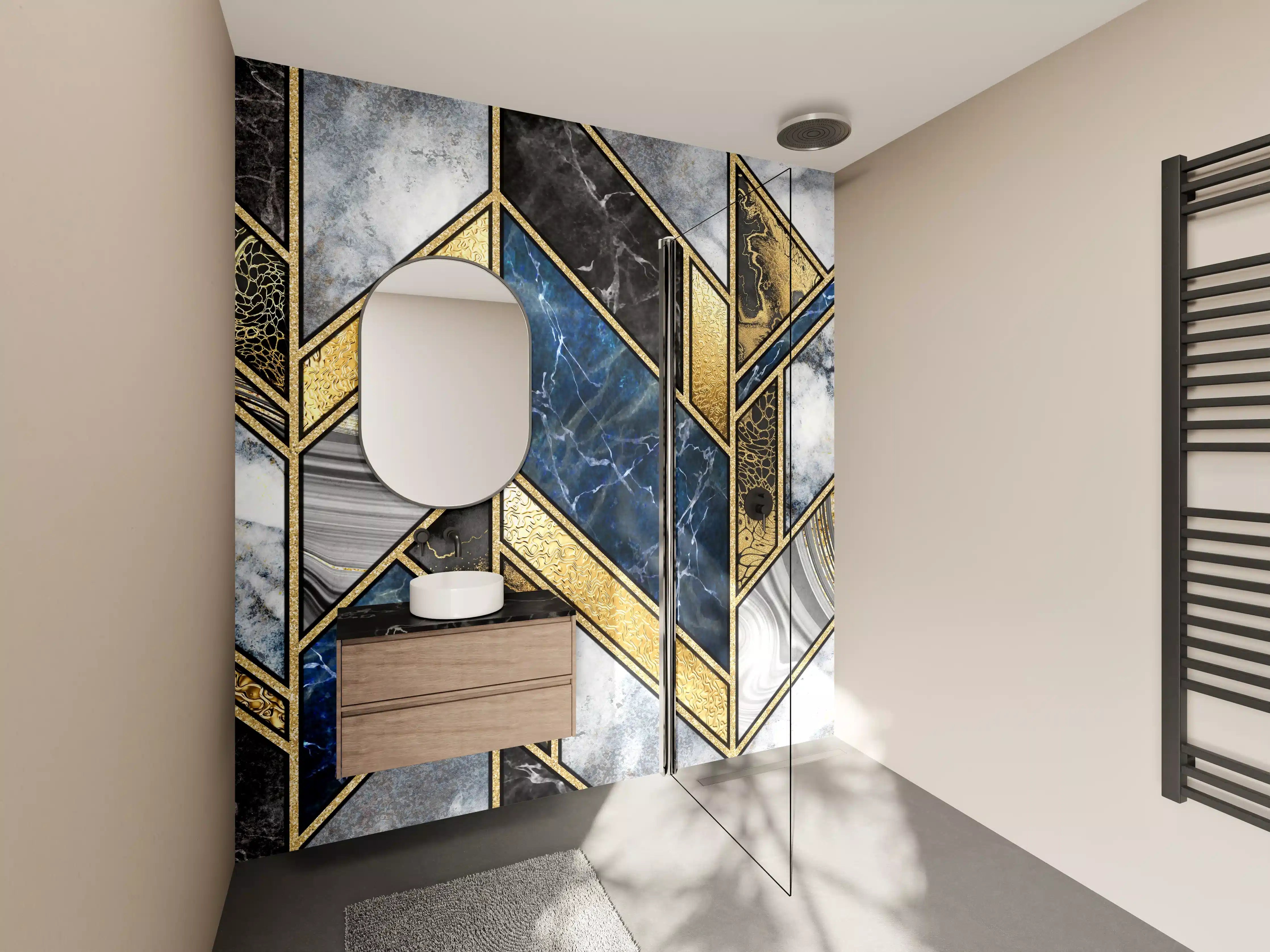 Wandverkleidung Bad - Blau-Goldenes Art-Deco-Mosaik