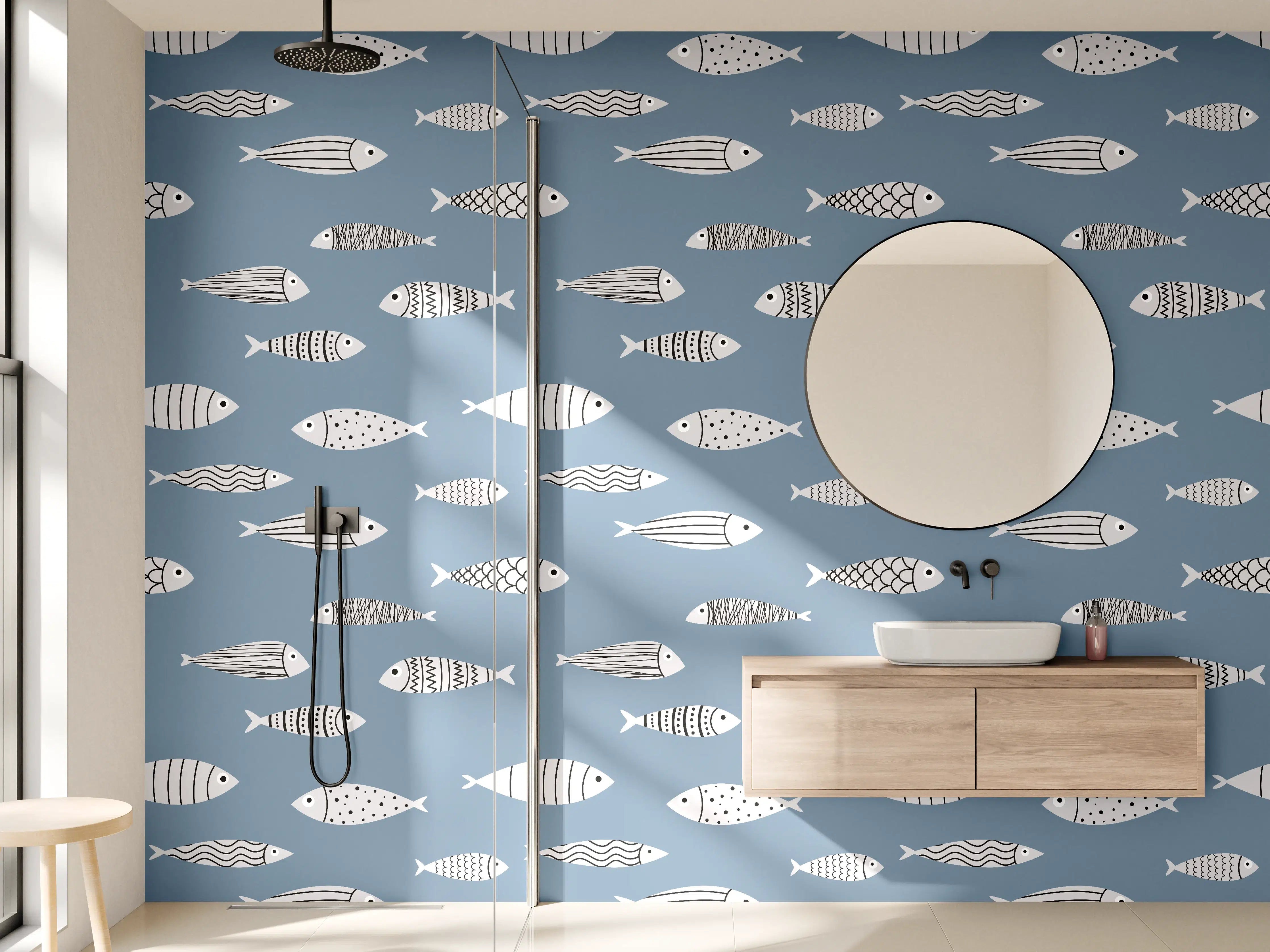 Wandverkleidung Bad - Blau-Weiß Fischmuster