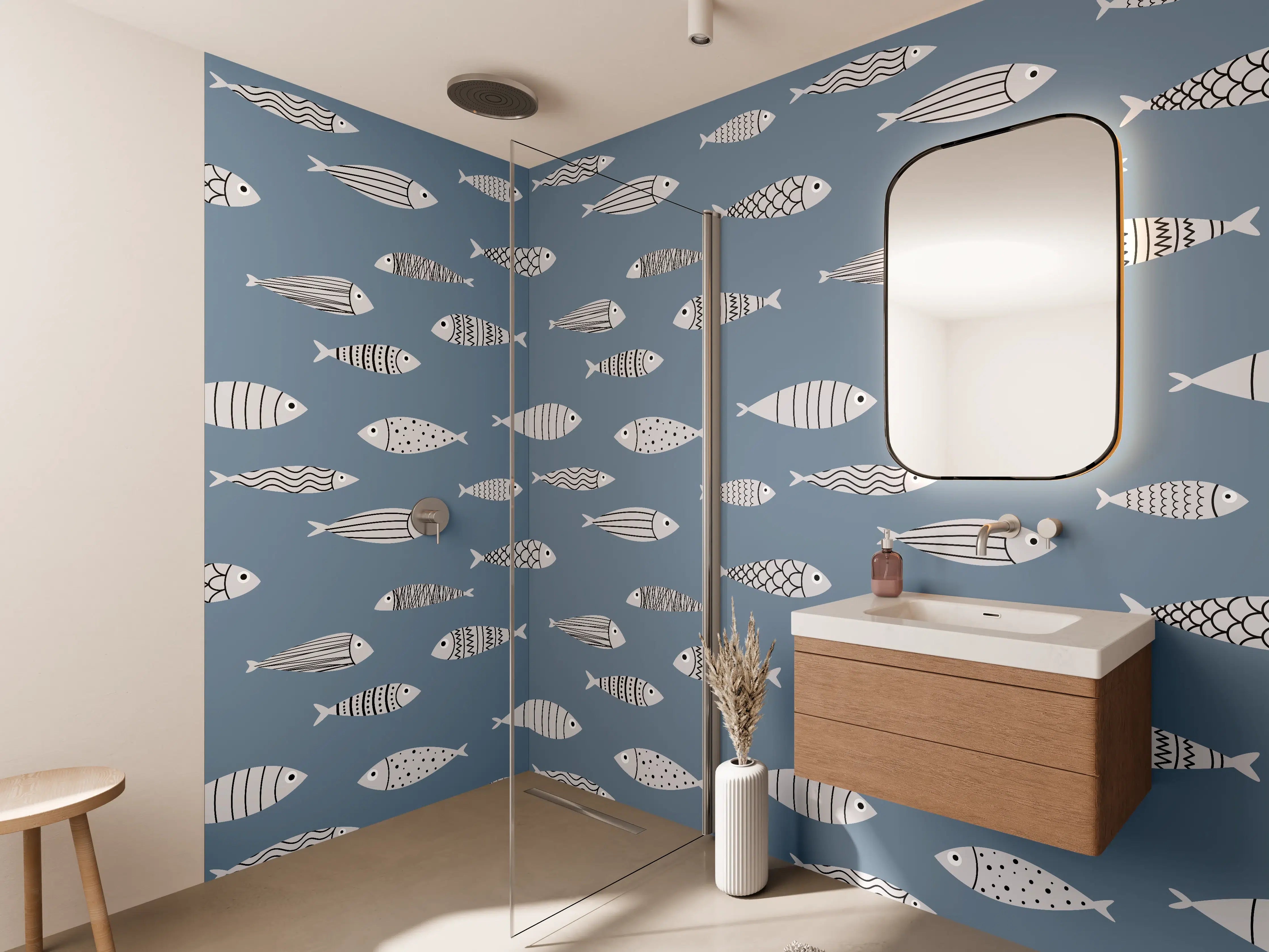 Wandverkleidung Bad - Blau-Weiß Fischmuster