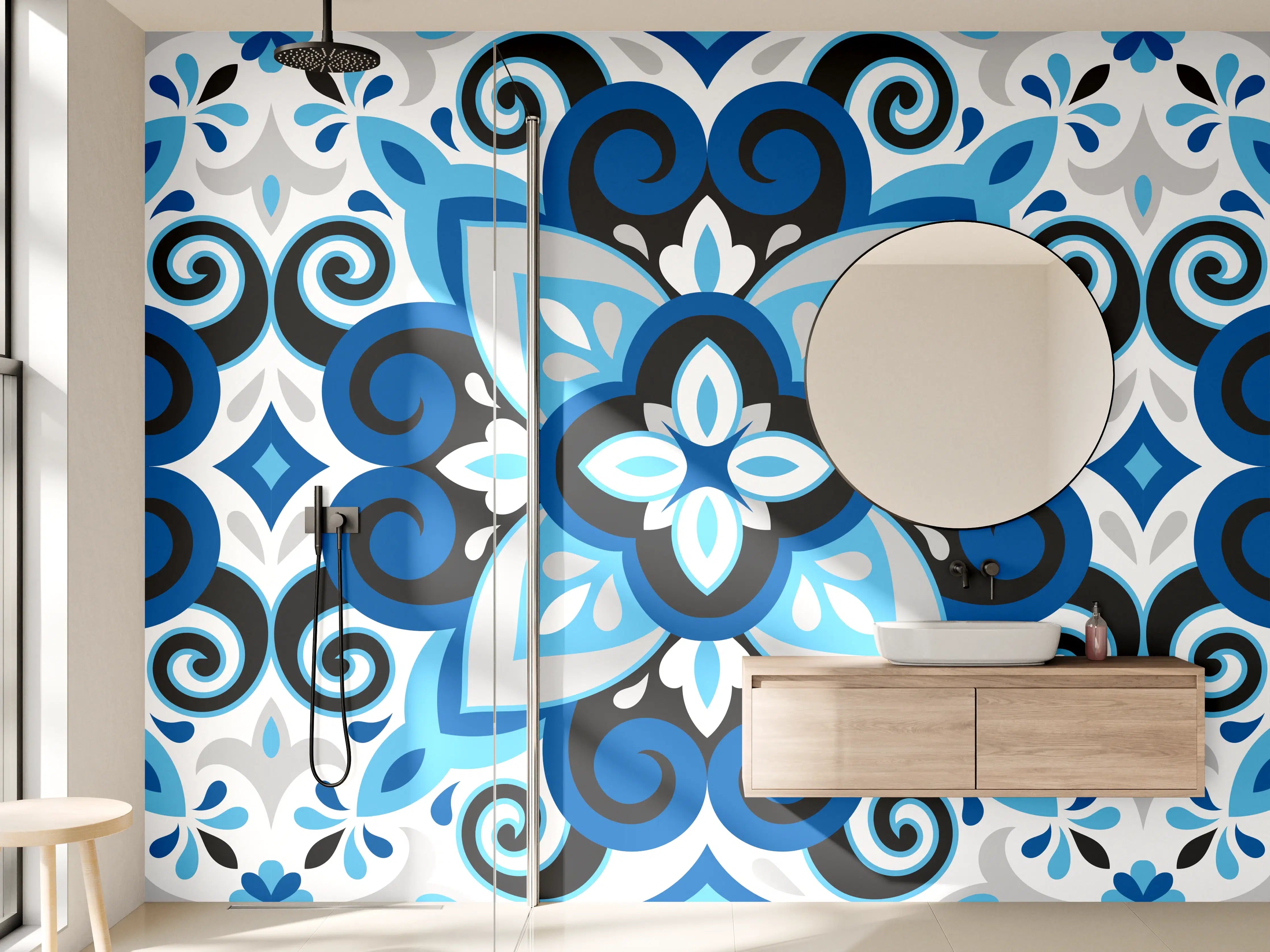 Wandverkleidung Bad - Blau-Weißes Mandala Fliesenmuster