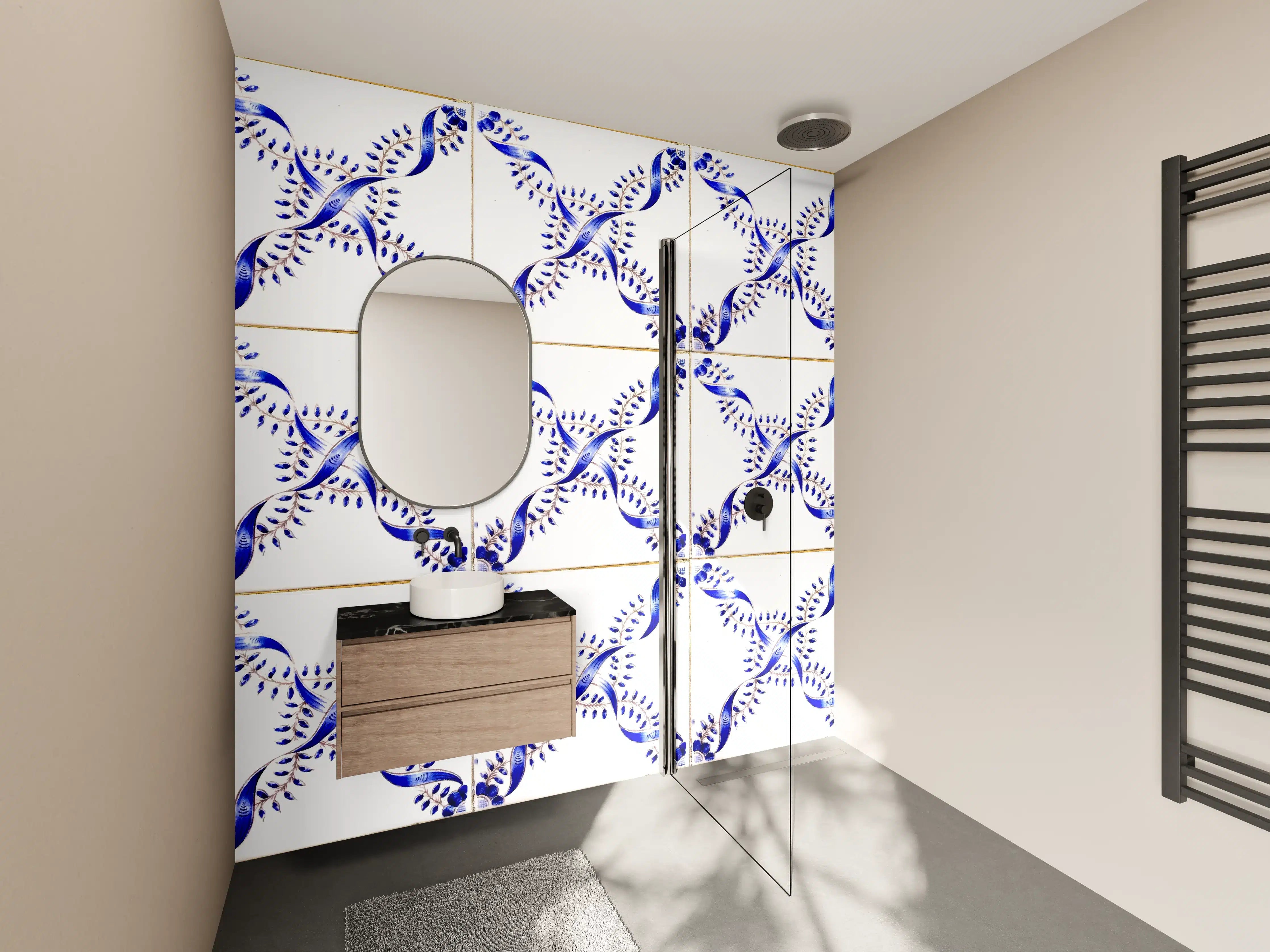 Wandverkleidung Bad - Blau-weiße Fliesen mit tropischem Muster