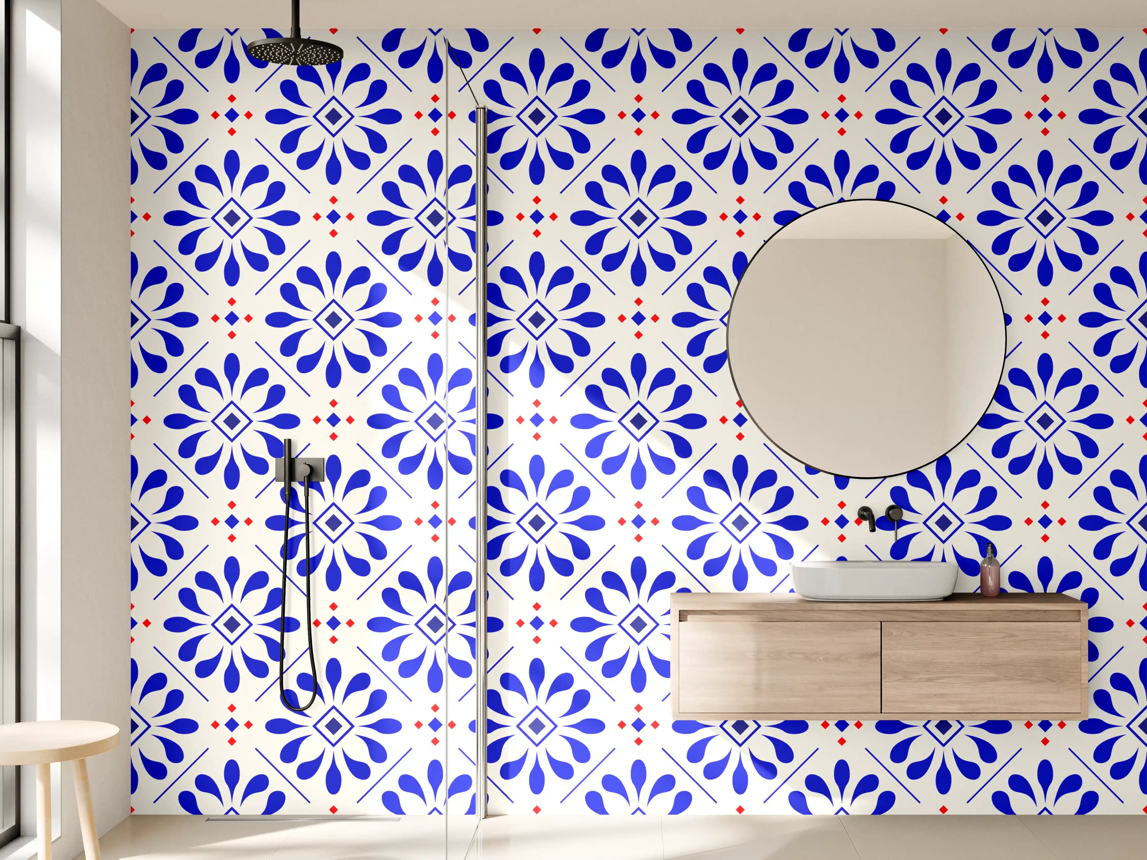Wandverkleidung Bad - Blau-weiße ornamentale Fliesenmuster