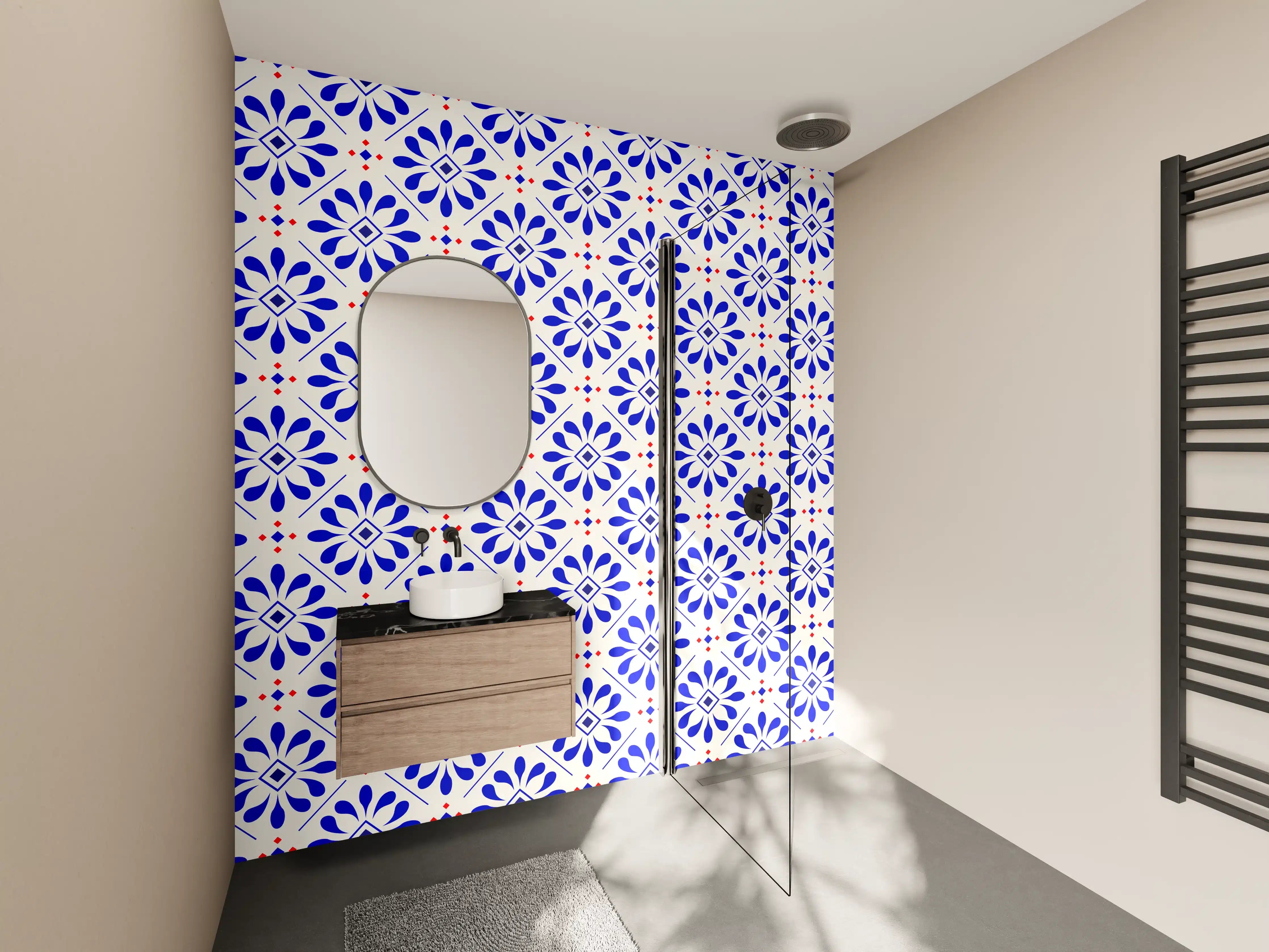 Wandverkleidung Bad - Blau-weiße ornamentale Fliesenmuster