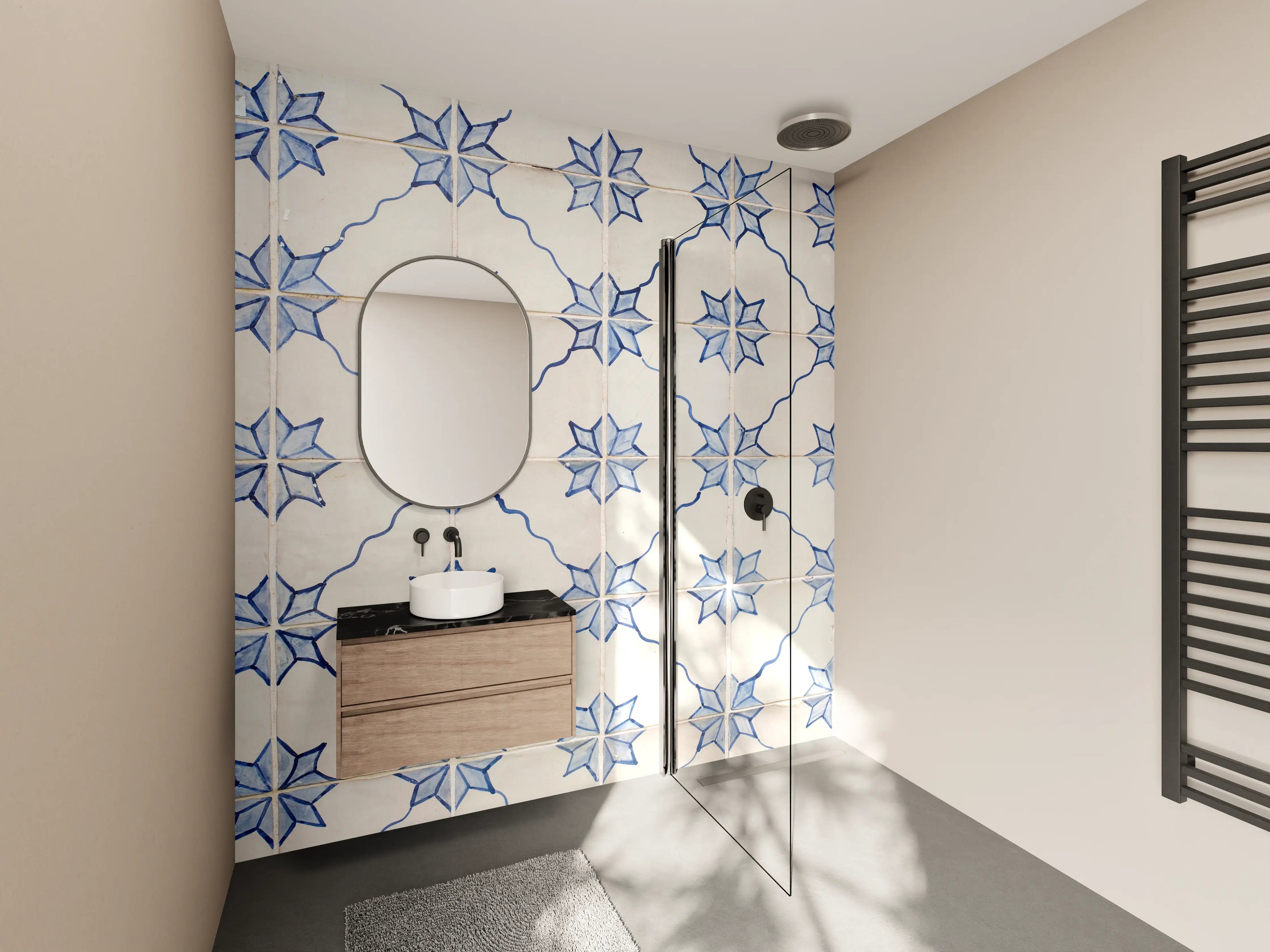 Wandverkleidung Bad - Blaue Arabesken auf weißen Fliesen