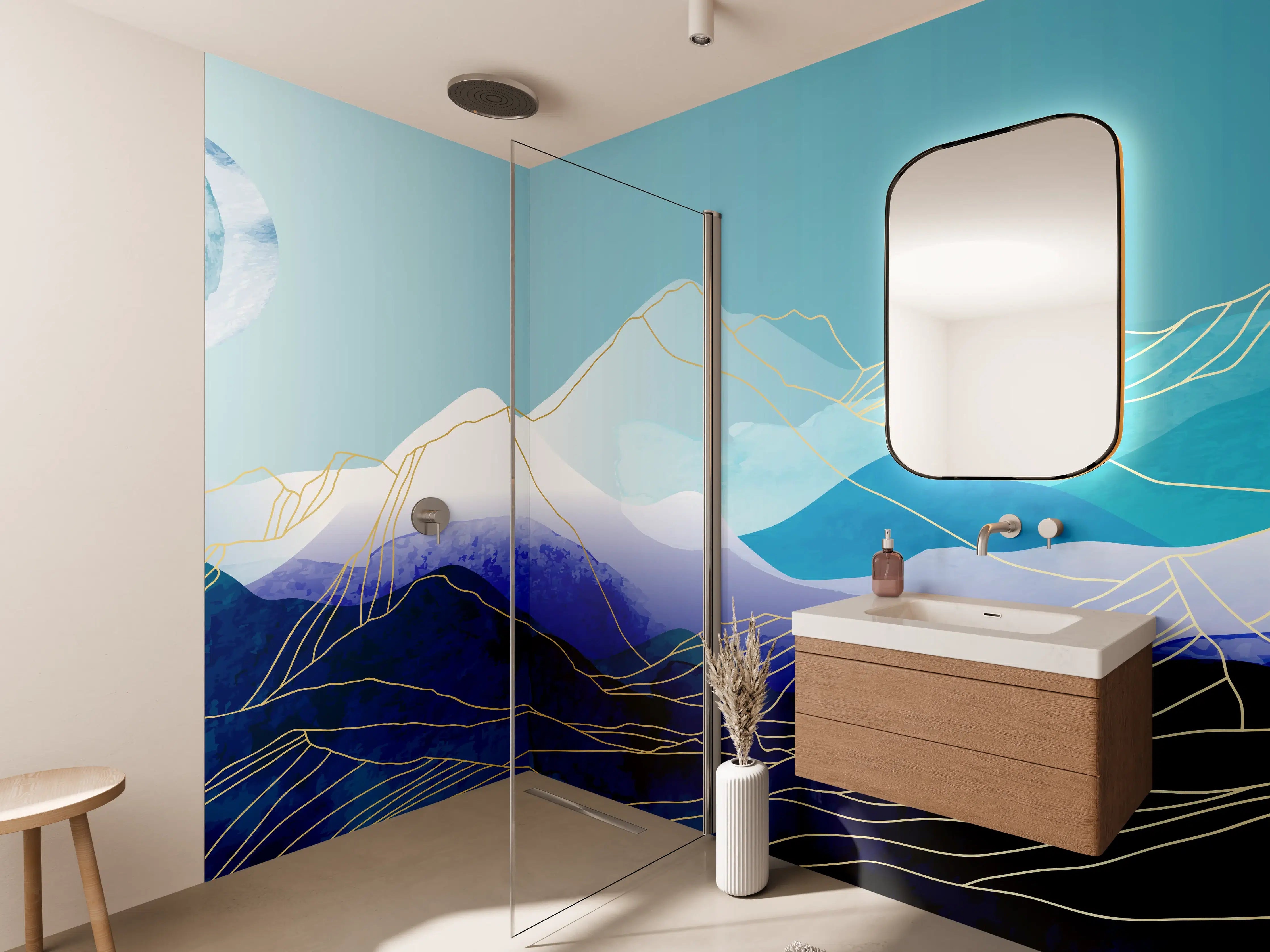 Wandverkleidung Bad - Blaue Berge Aquarell Illustration